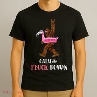 Calm The Flock Down Funny Pool Party Bigfoot Flamingo T-Shirt thumb 3