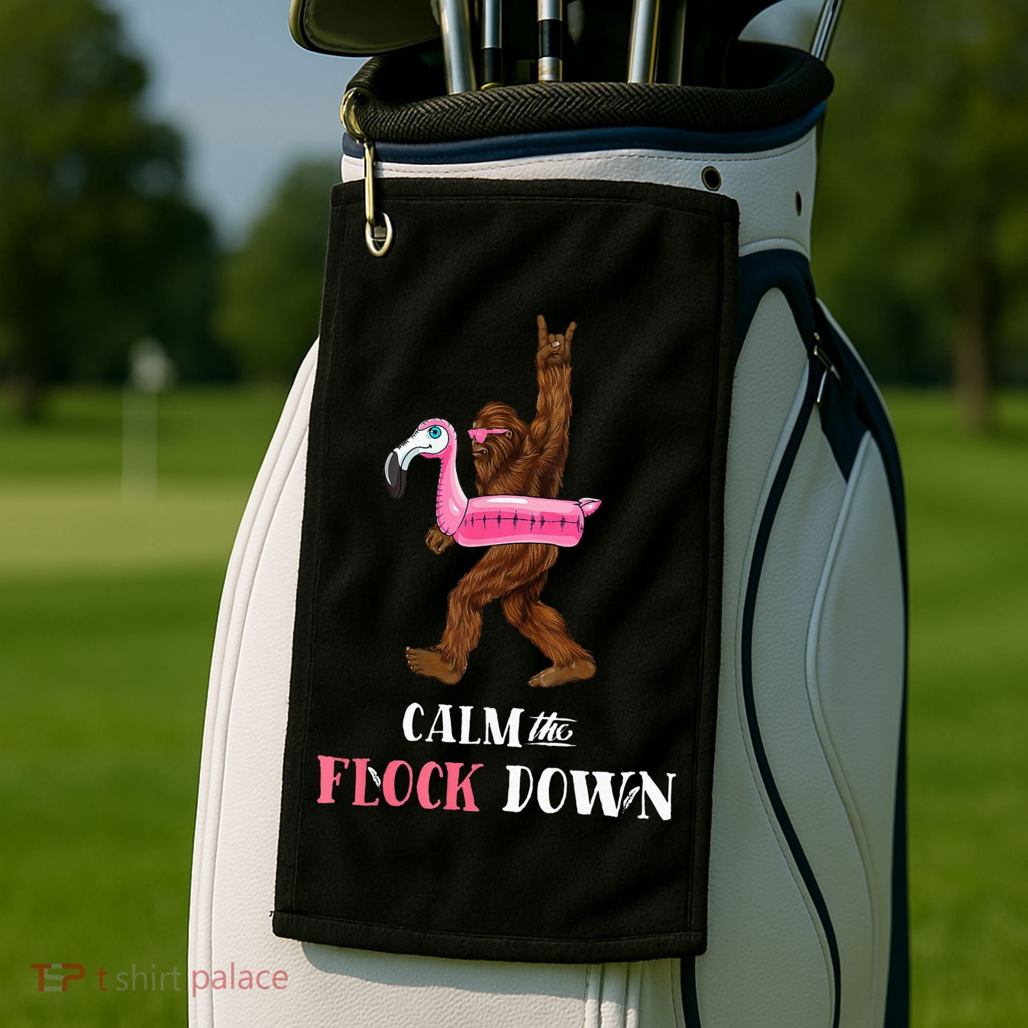 Calm The Flock Down Funny Pool Party Bigfoot Flamingo Golf Towel