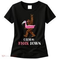Calm The Flock Down Funny Pool Party Bigfoot Flamingo Women's T-Shirt thumb 0