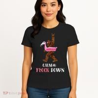 Calm The Flock Down Funny Pool Party Bigfoot Flamingo Women's T-Shirt thumb 4