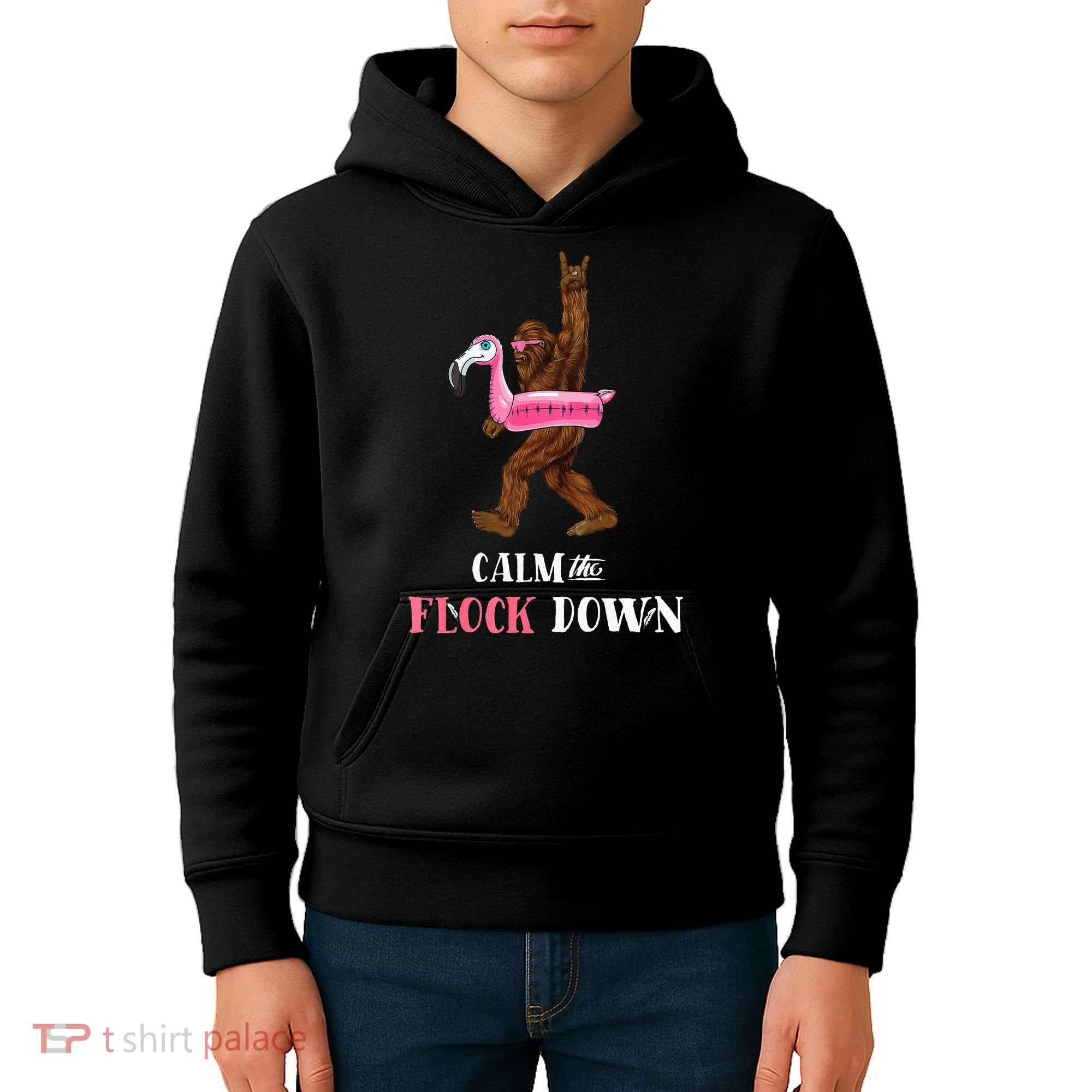 Calm The Flock Down Funny Pool Party Bigfoot Flamingo Kids Hoodie