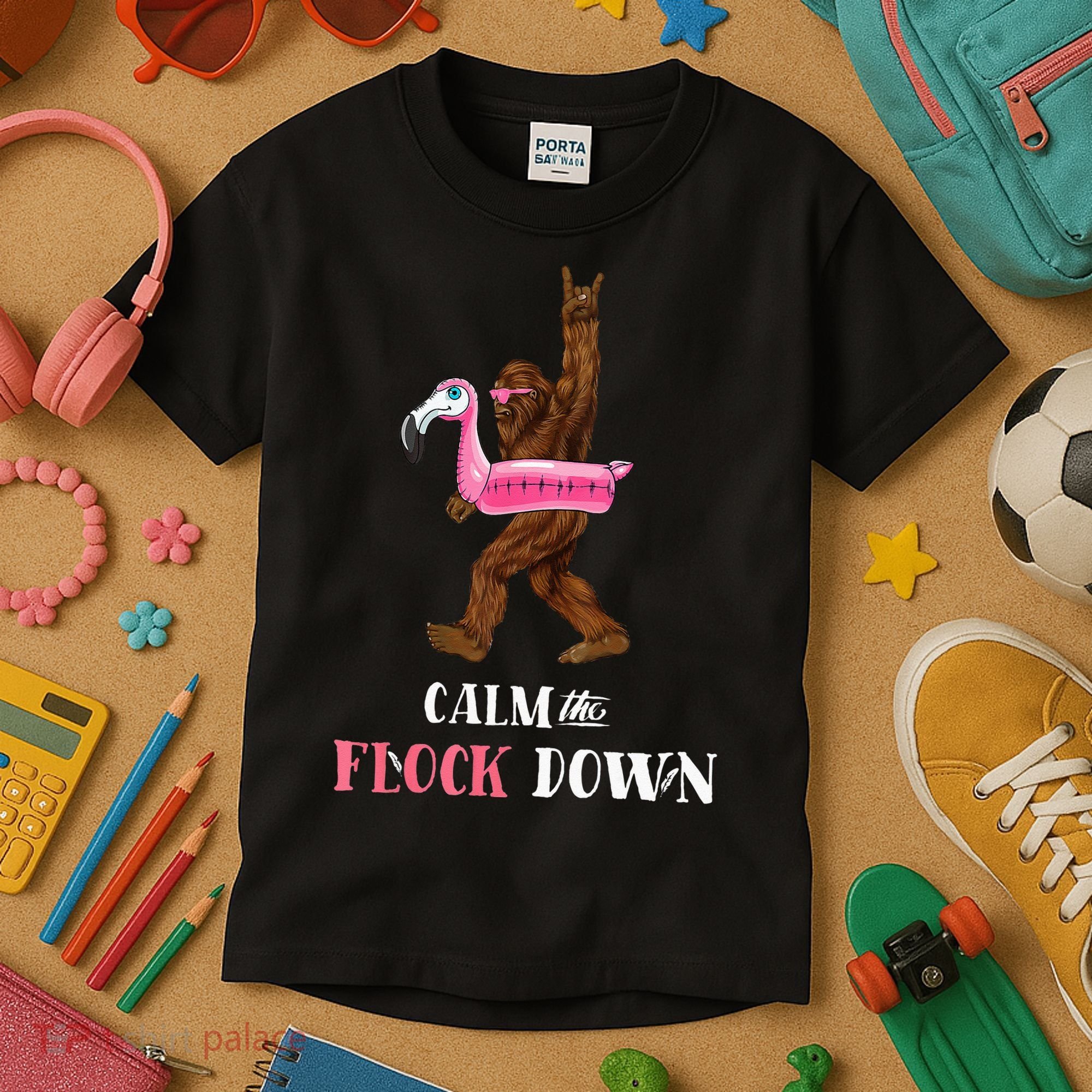 Calm The Flock Down Funny Pool Party Bigfoot Flamingo Kids T-Shirt