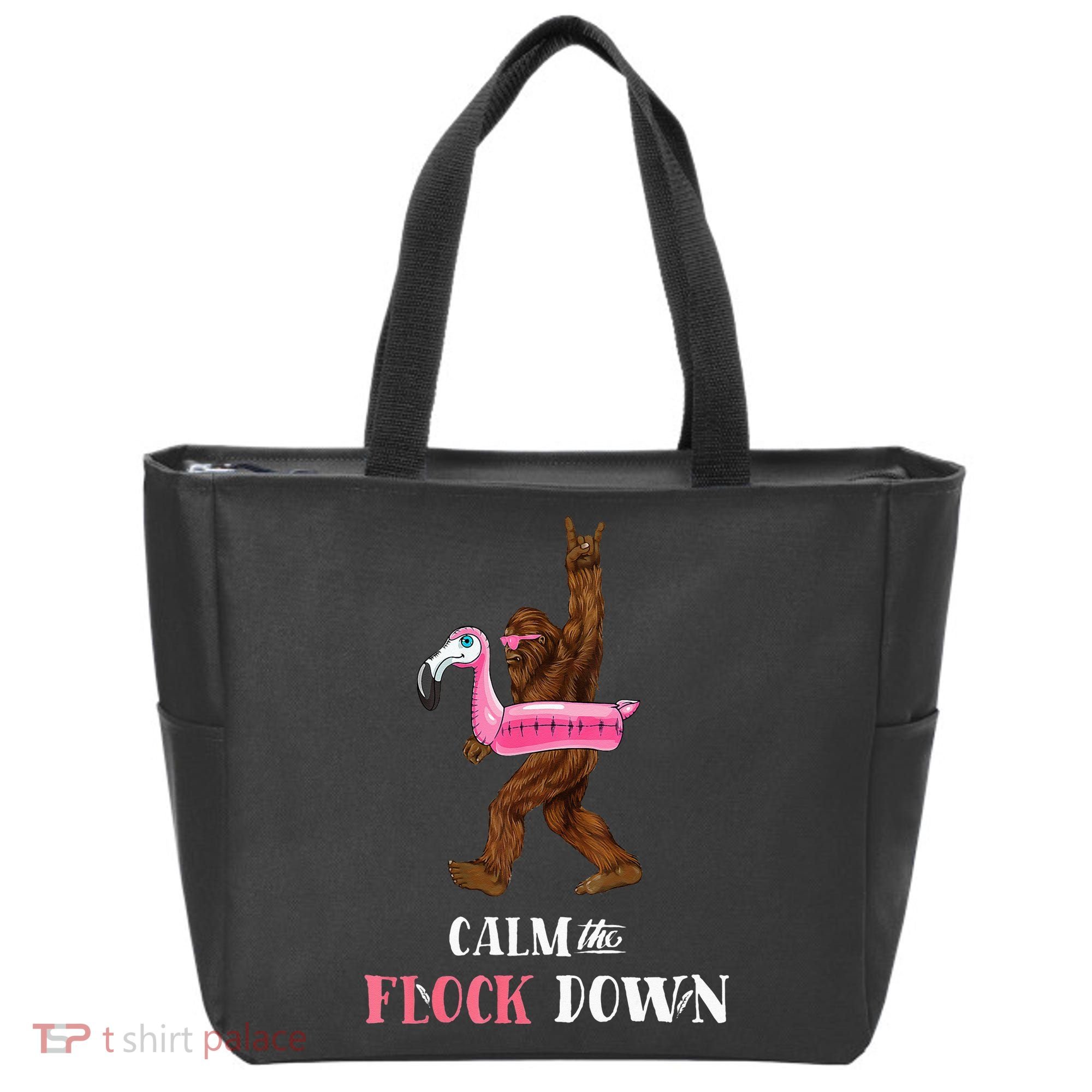 Calm The Flock Down Funny Pool Party Bigfoot Flamingo Tote Bag