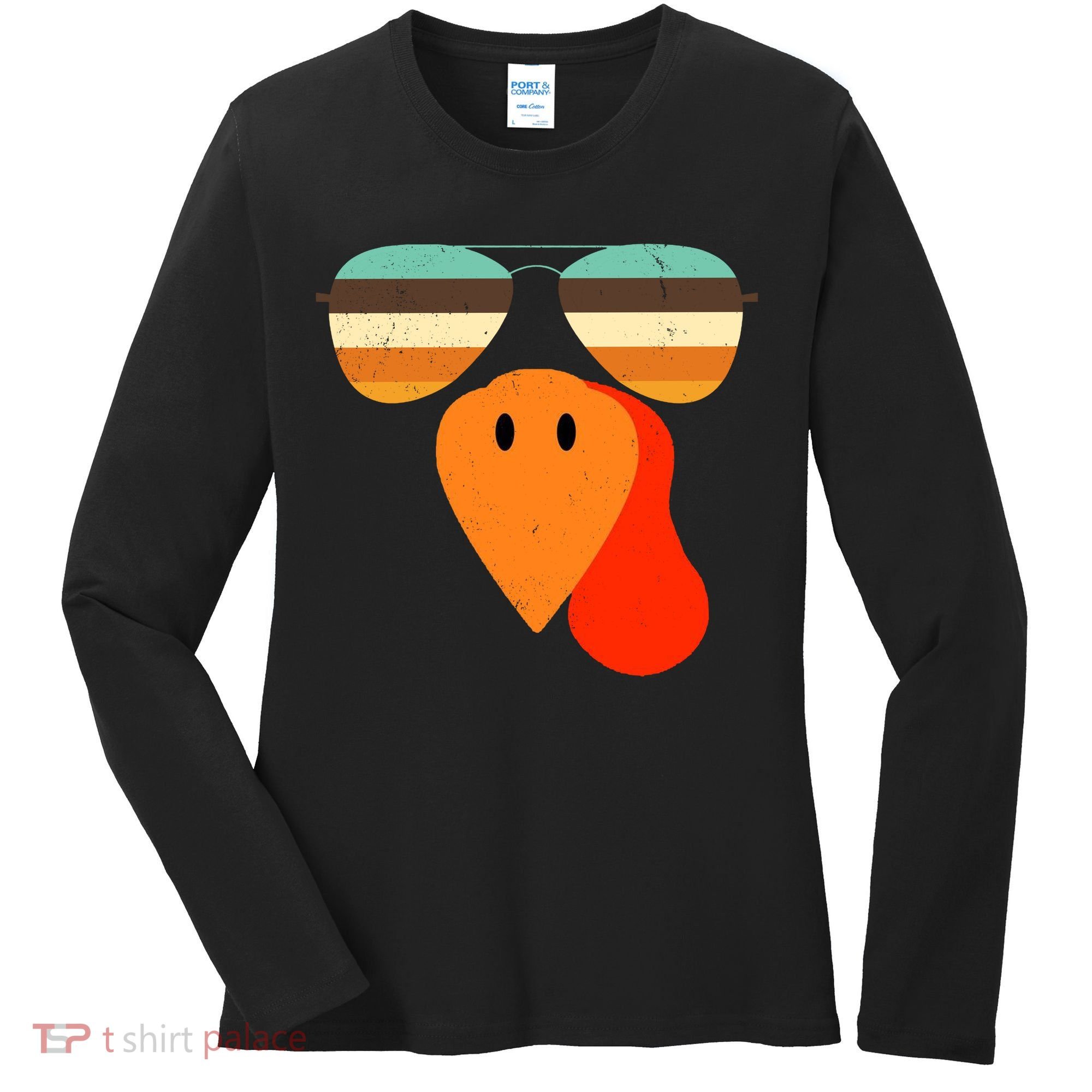 Cool Turkey Gobble Face Shades Funny Thanksgiving Women's Long Sleeve Shirt