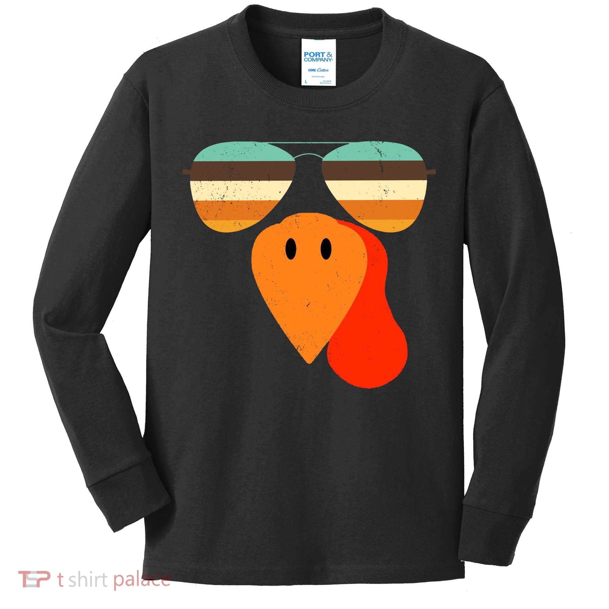 Cool Turkey Gobble Face Shades Funny Thanksgiving Kids Long Sleeve Shirt
