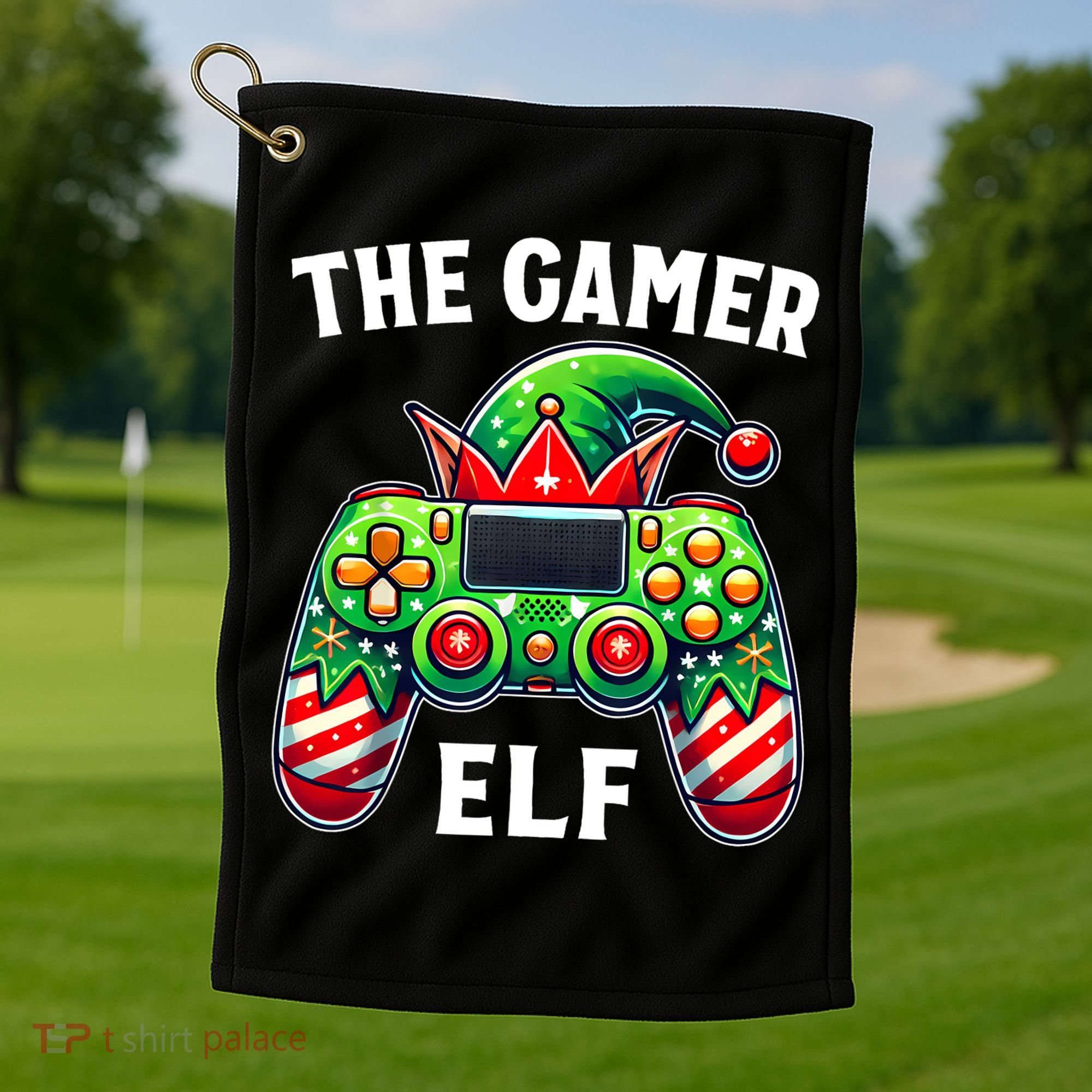 Christmas The Gamer Elf Video Gaming Golf Towel