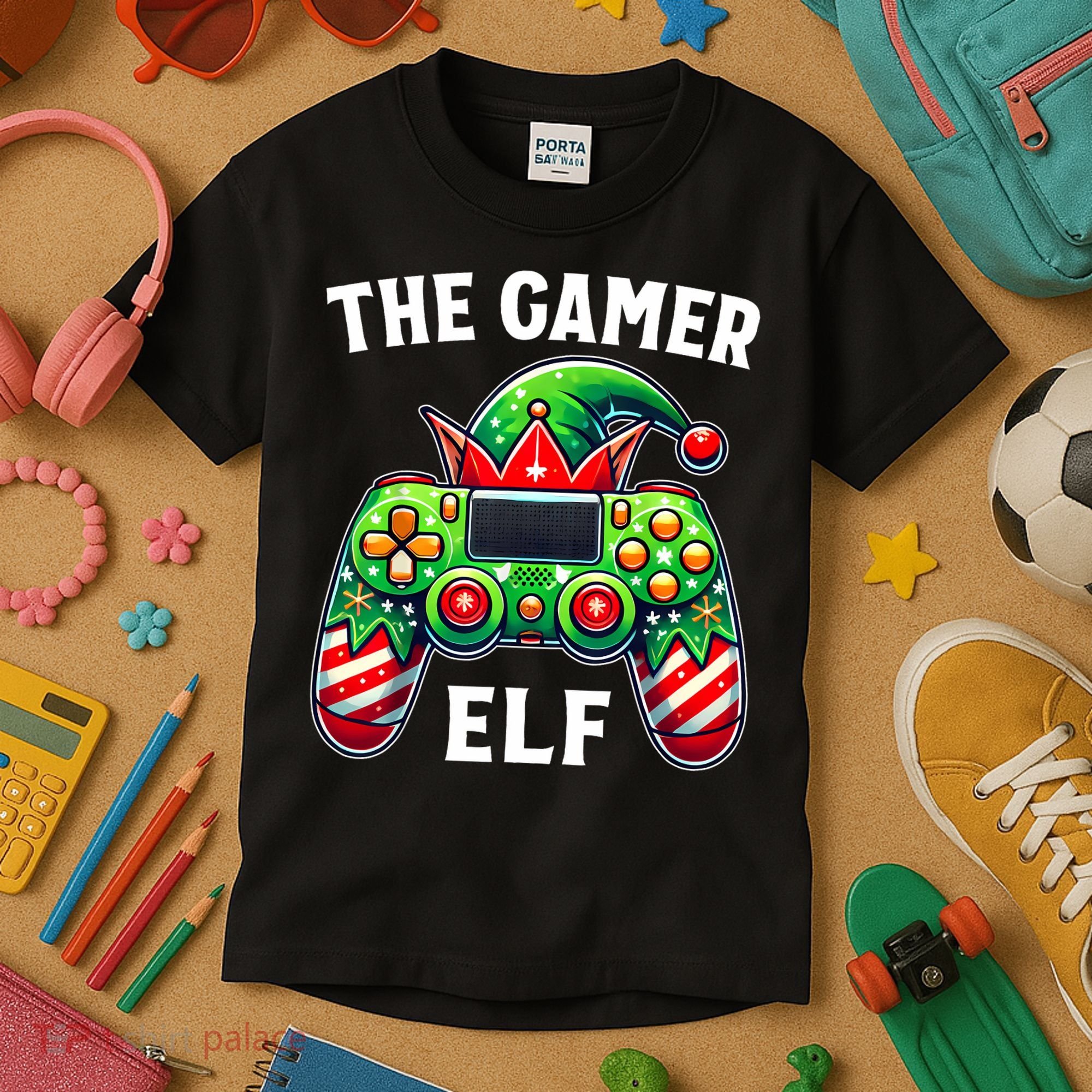 Christmas The Gamer Elf Video Gaming Kids T-Shirt