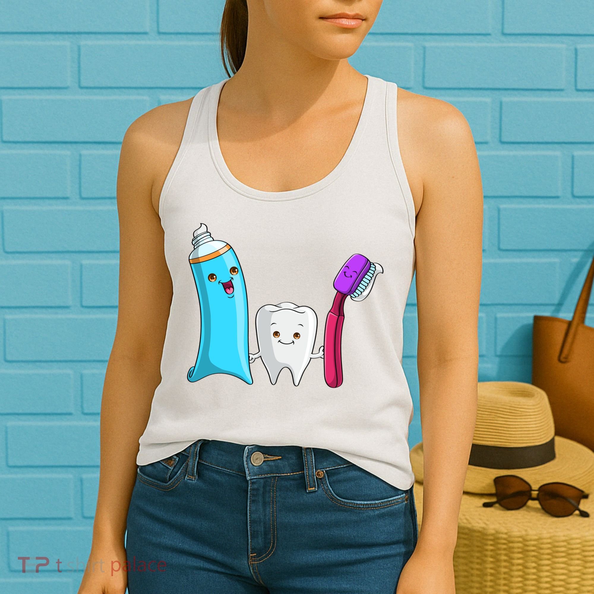 Cute Tooth Holding Toothbrush And Toot Paste Women's Tank Top