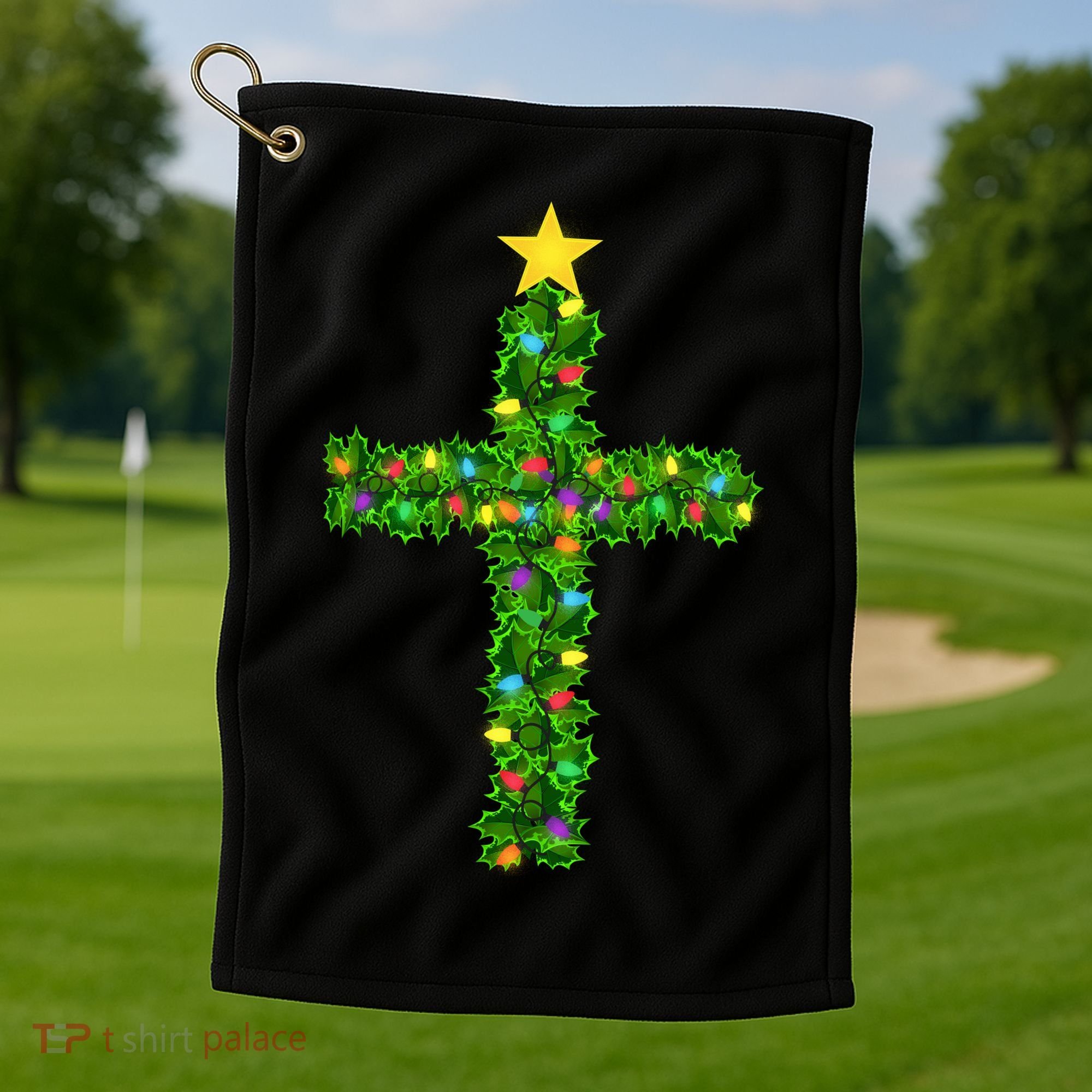 Christmas Tree Holly Cross Golf Towel