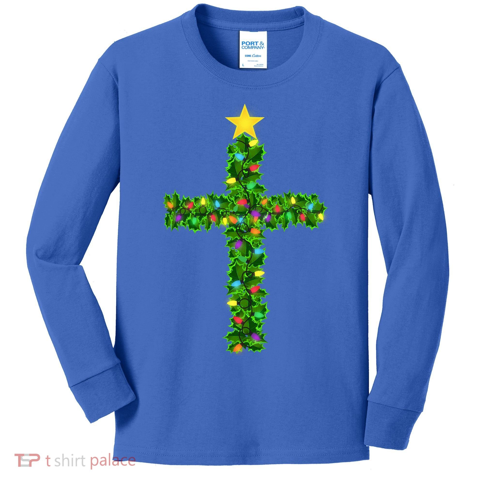 Christmas Tree Holly Cross Kids Long Sleeve Shirt