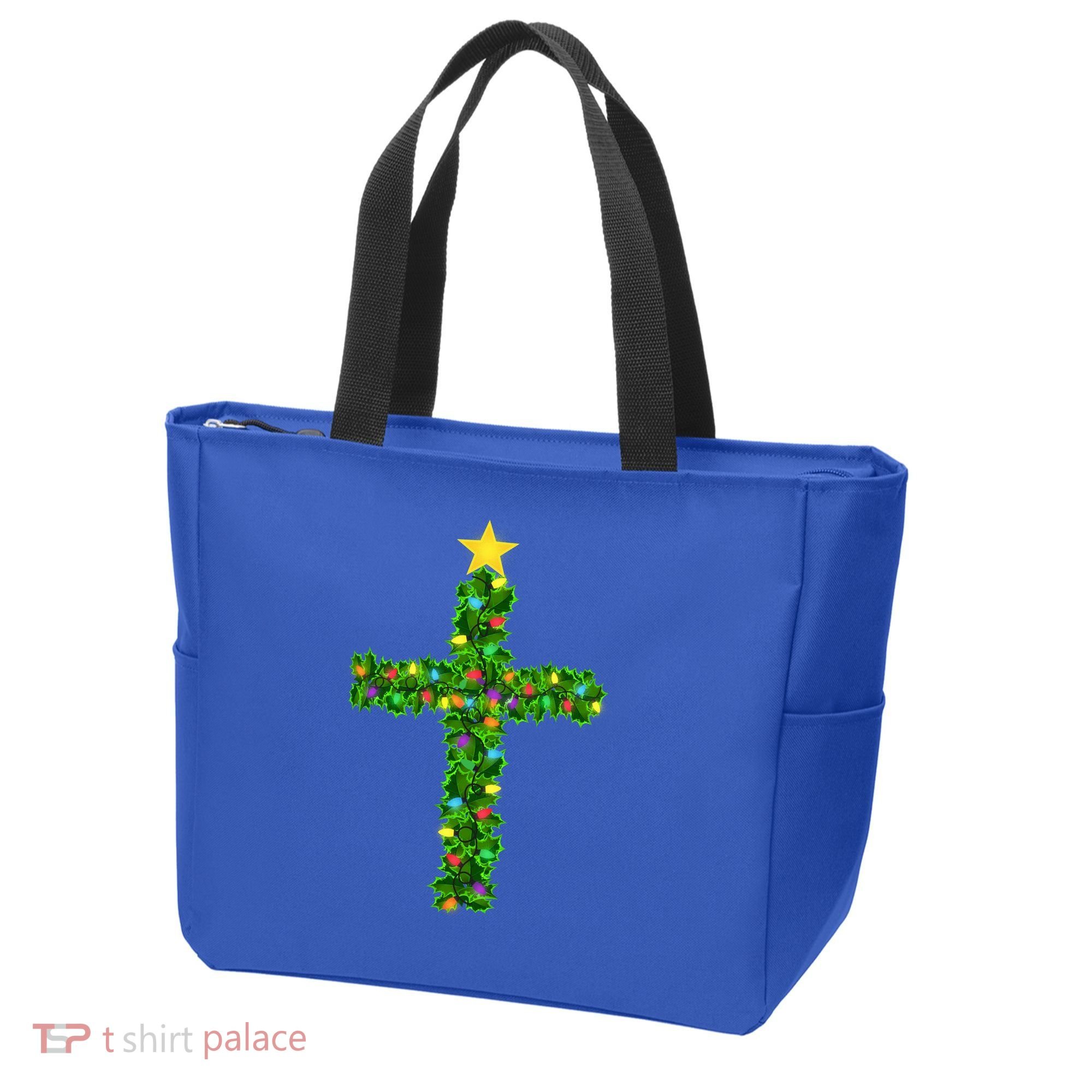 Christmas Tree Holly Cross Tote Bag