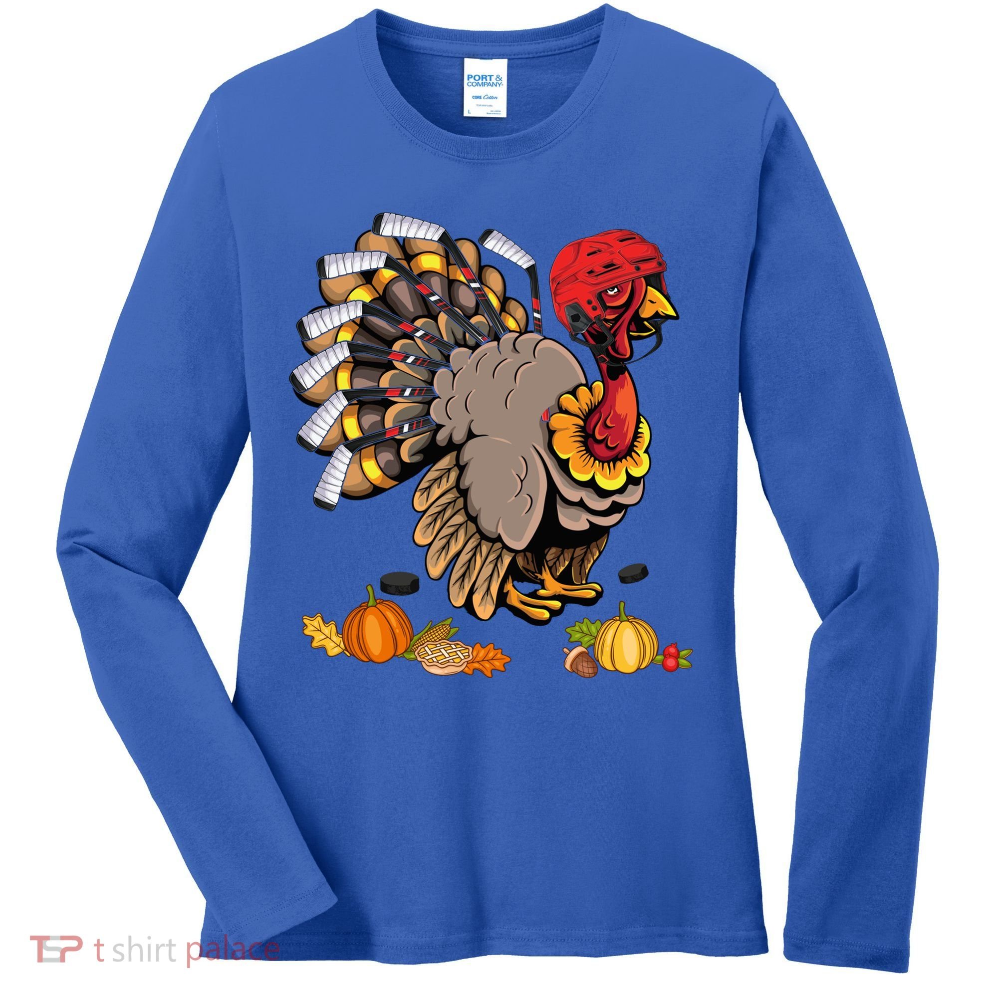 Cute Turkey Ice Hockey Player Turkeys Day Happy Thanksgiving Gift Women's Long Sleeve Shirt