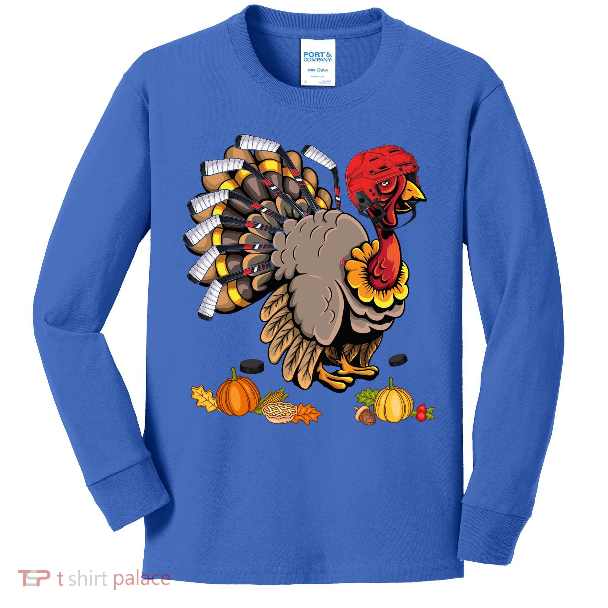 Cute Turkey Ice Hockey Player Turkeys Day Happy Thanksgiving Gift Kids Long Sleeve Shirt