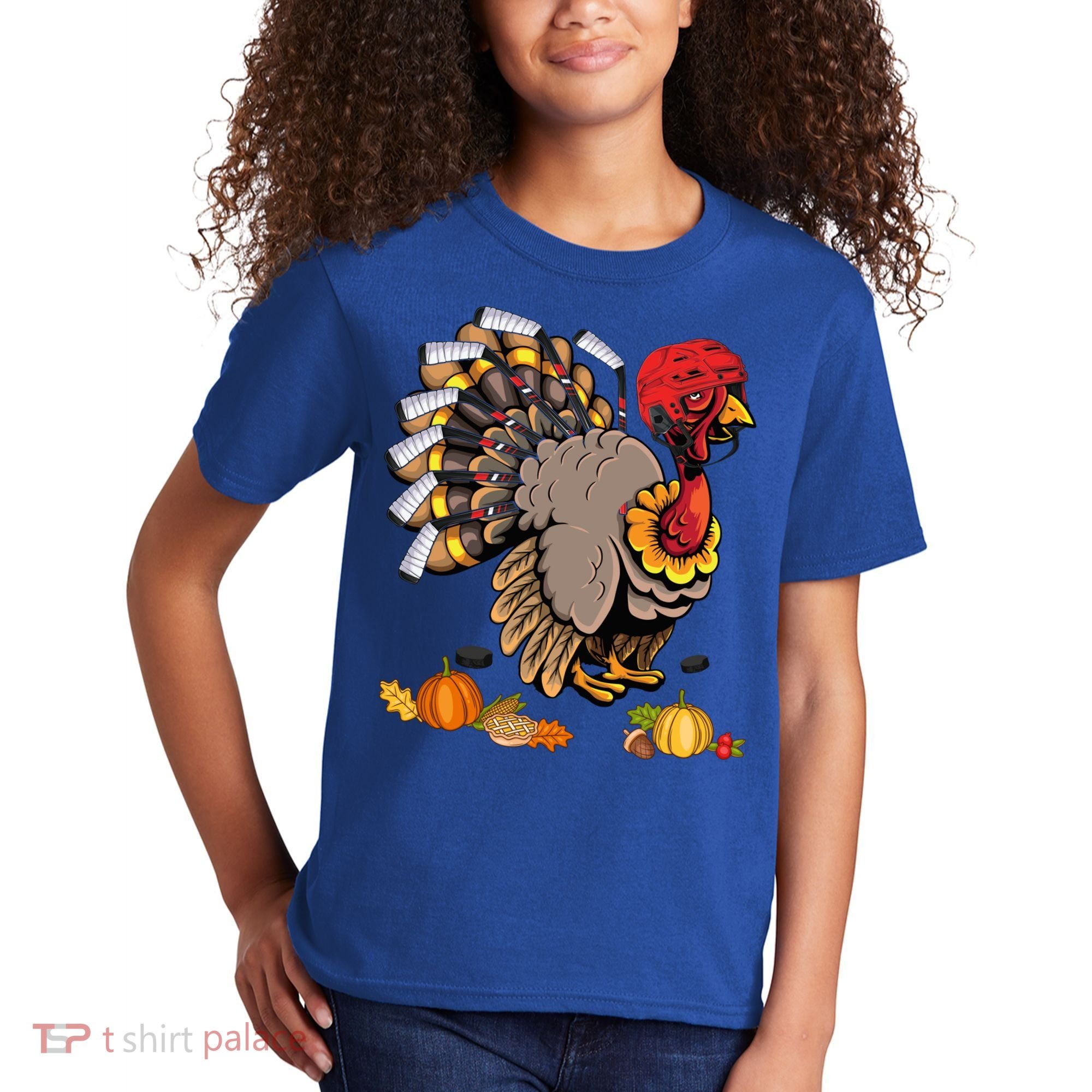 Cute Turkey Ice Hockey Player Turkeys Day Happy Thanksgiving Gift Kids T-Shirt