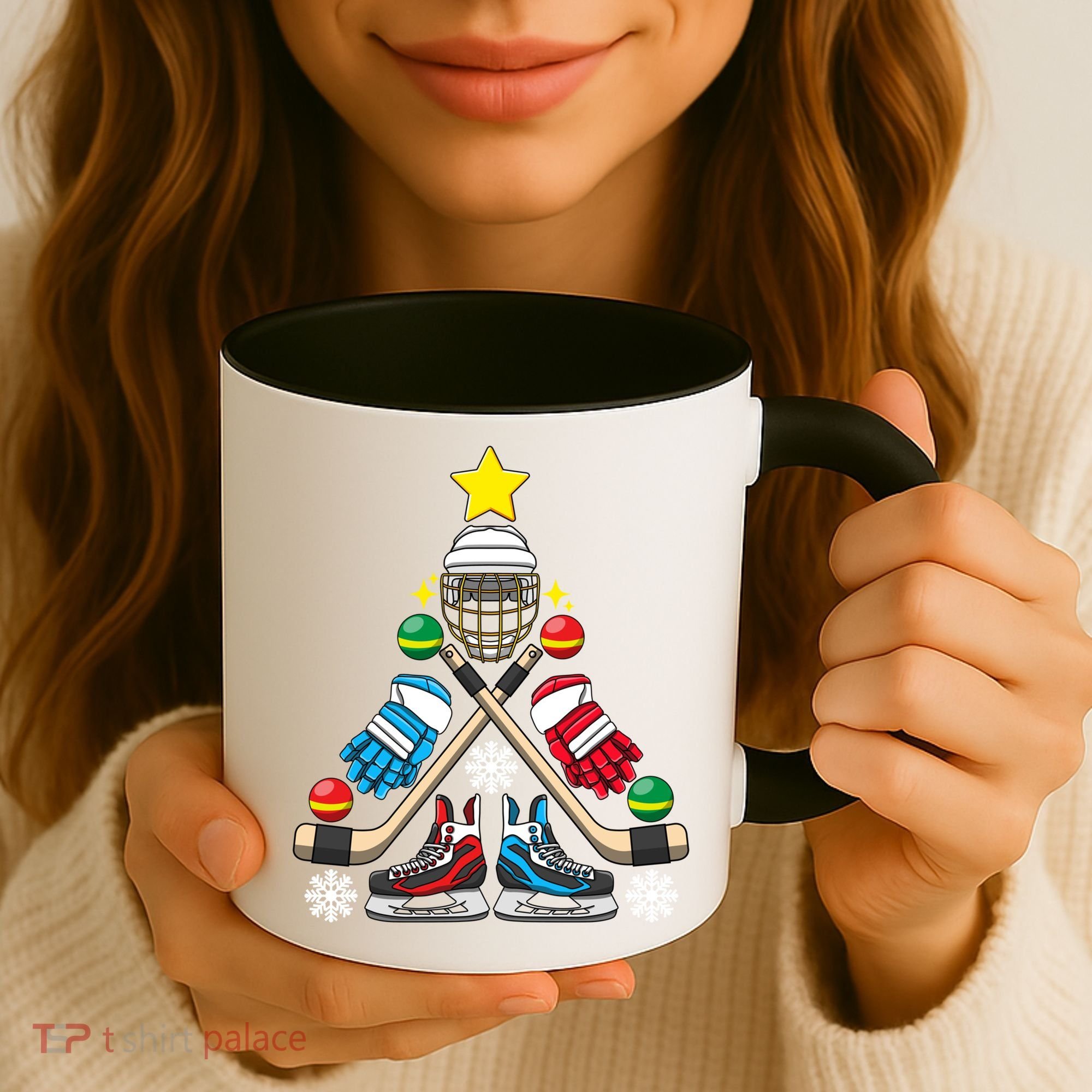 Christmas Tree Ice Hockey Christmas Tree Hockey Stick Gloves Great Gift Coffee Mug