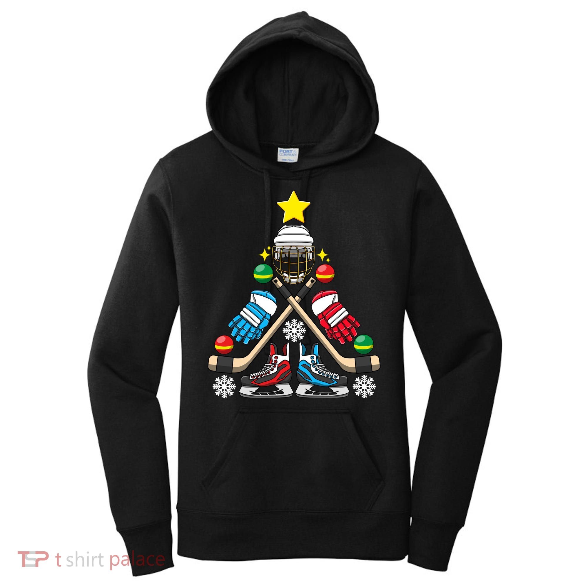 Christmas Tree Ice Hockey Christmas Tree Hockey Stick Gloves Great Gift Women's Hoodie