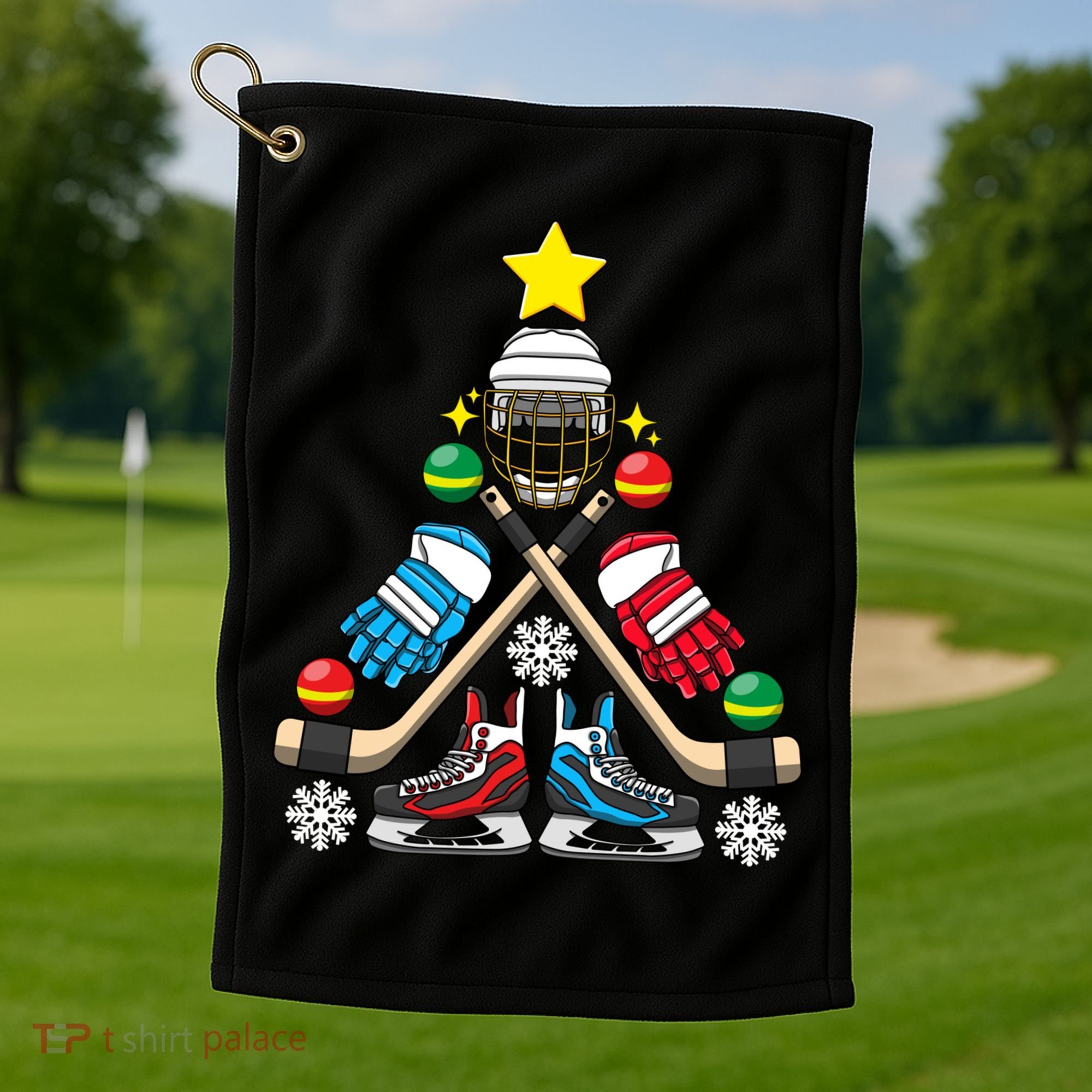 Christmas Tree Ice Hockey Christmas Tree Hockey Stick Gloves Great Gift Golf Towel