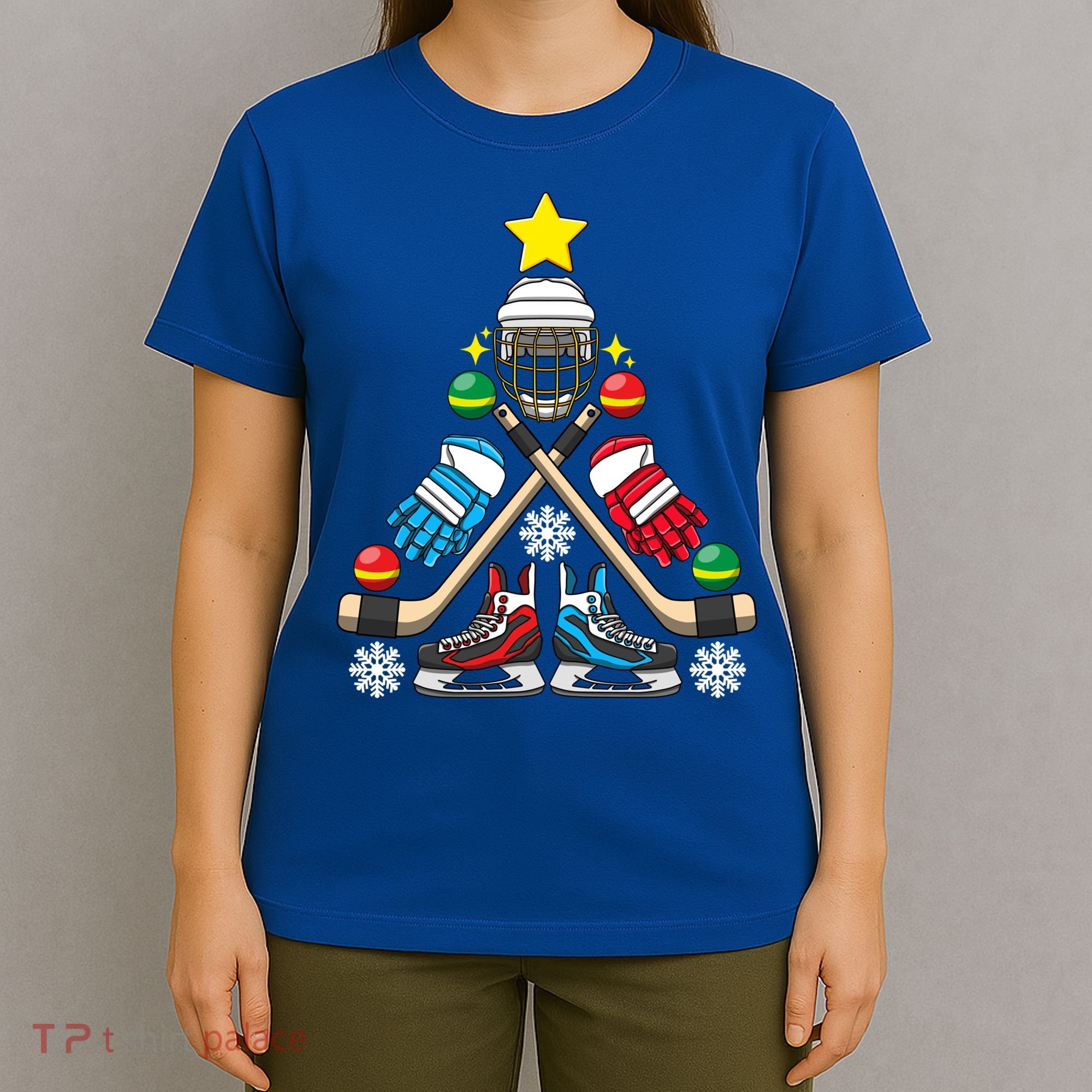 Christmas Tree Ice Hockey Christmas Tree Hockey Stick Gloves Great Gift T-Shirt