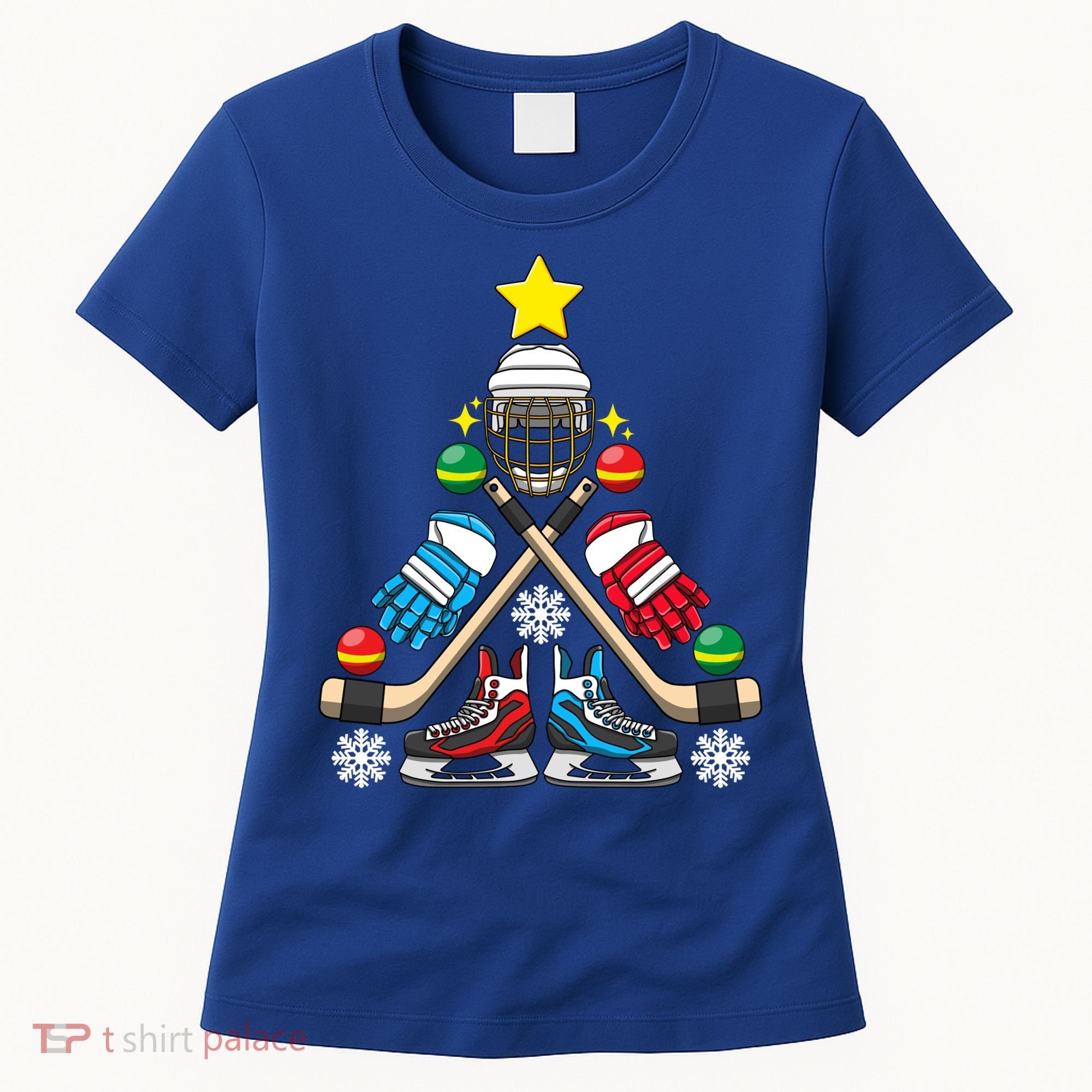 Christmas Tree Ice Hockey Christmas Tree Hockey Stick Gloves Great Gift Women's T-Shirt
