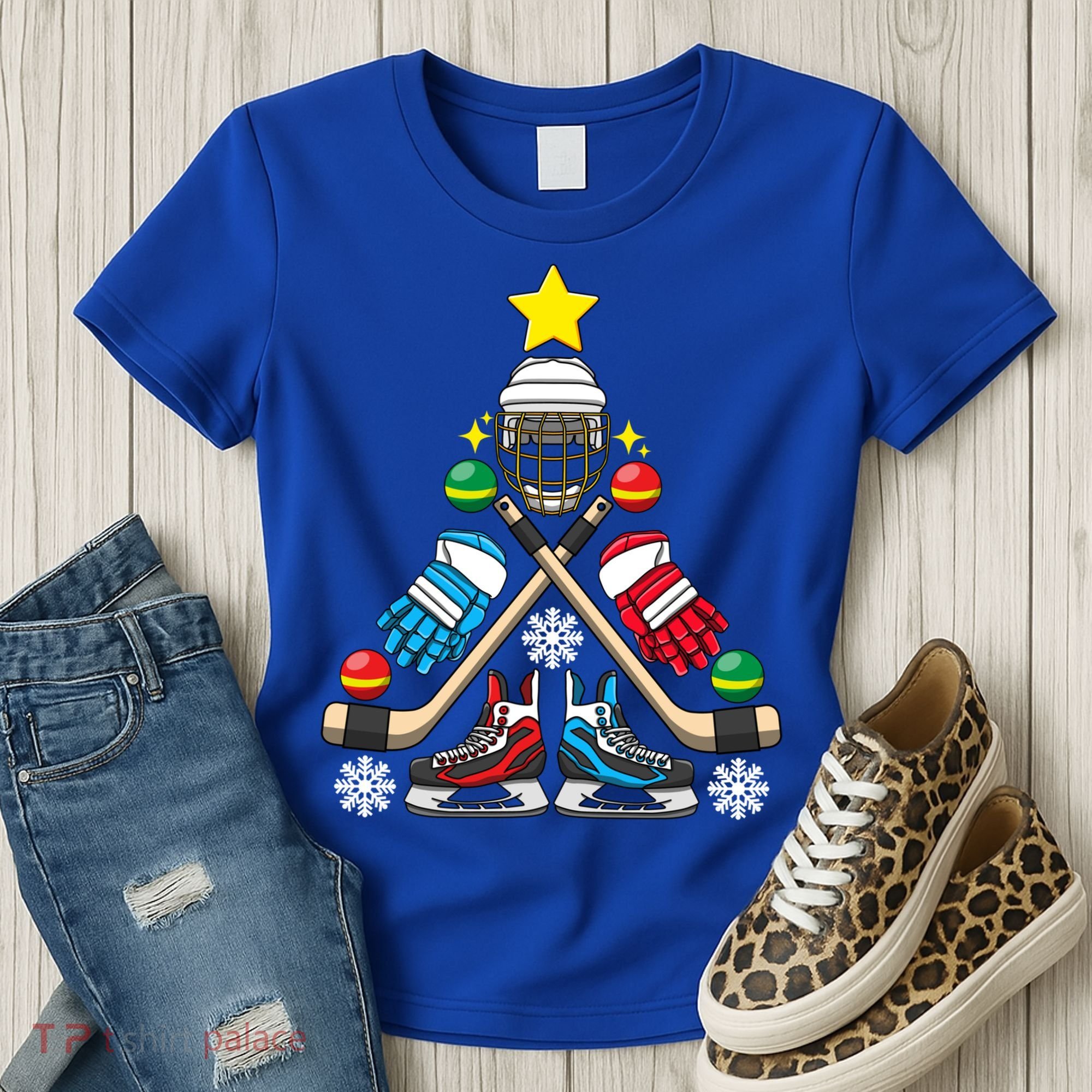 Christmas Tree Ice Hockey Christmas Tree Hockey Stick Gloves Great Gift Women's T-Shirt