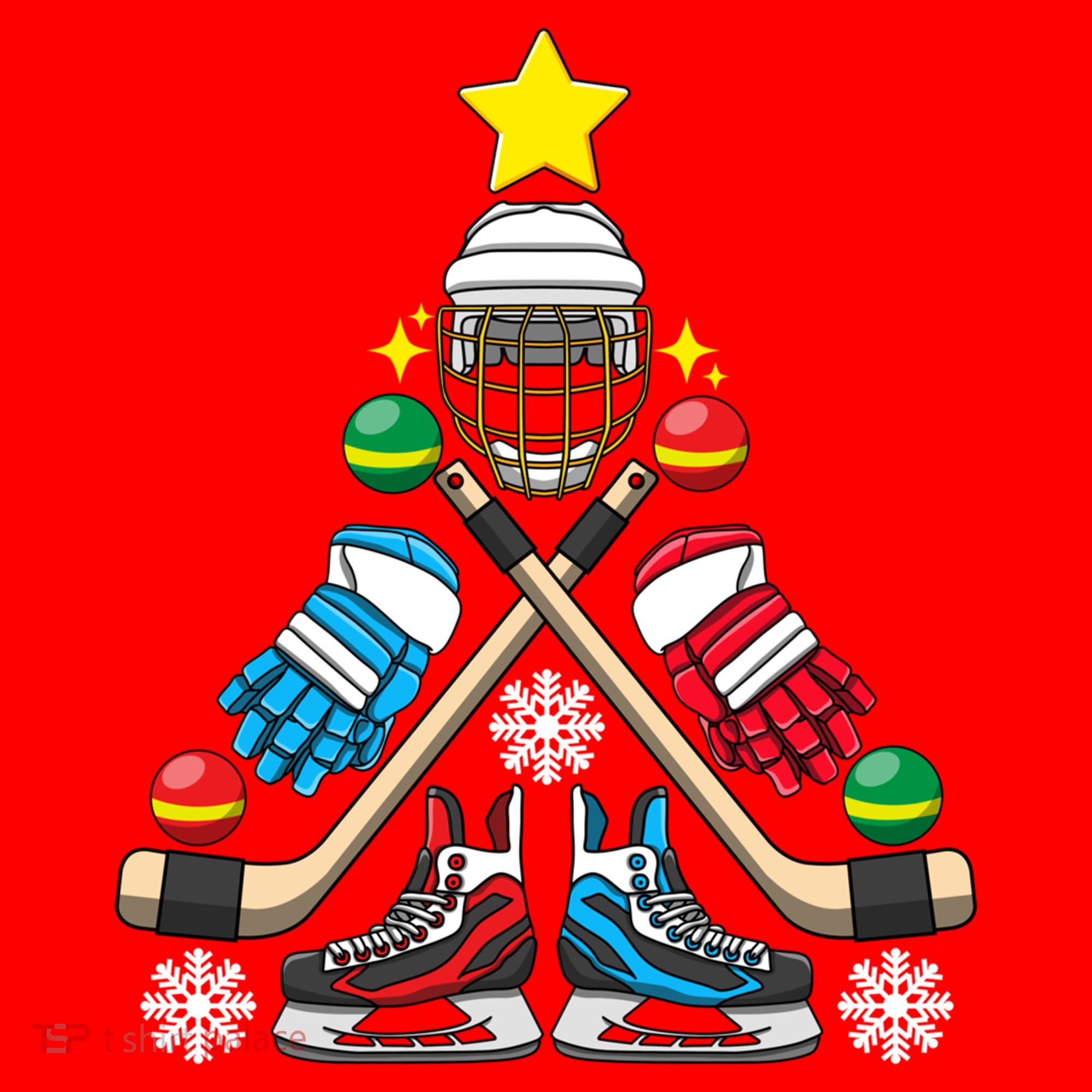 Christmas Tree Ice Hockey Christmas Tree Hockey Stick Gloves Great Gift Santa Hat