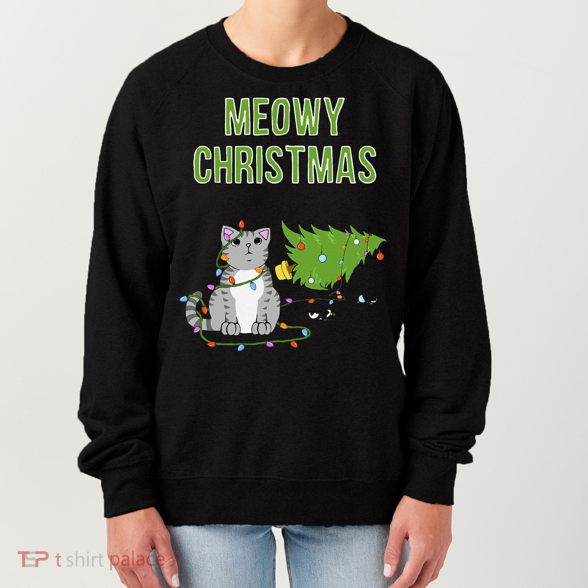 Christmas Tree Knocked Over By Gray Tabby Cat Meowy Xmas Women's Sweatshirt