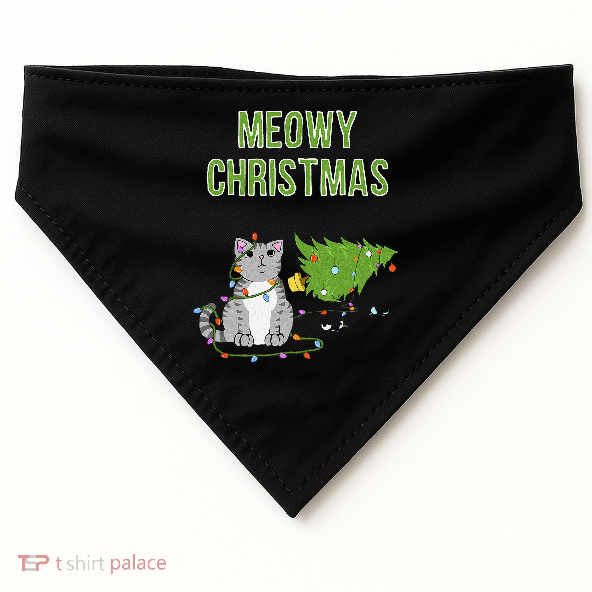 Christmas Tree Knocked Over By Gray Tabby Cat Meowy Xmas USA-Made Doggie Bandana