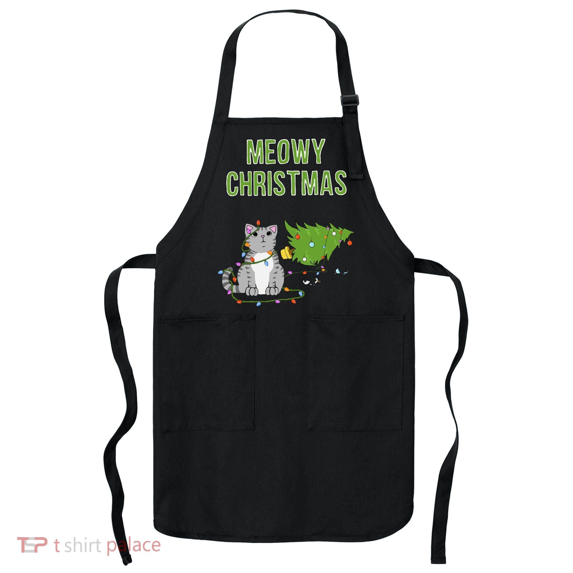 Christmas Tree Knocked Over By Gray Tabby Cat Meowy Xmas Apron