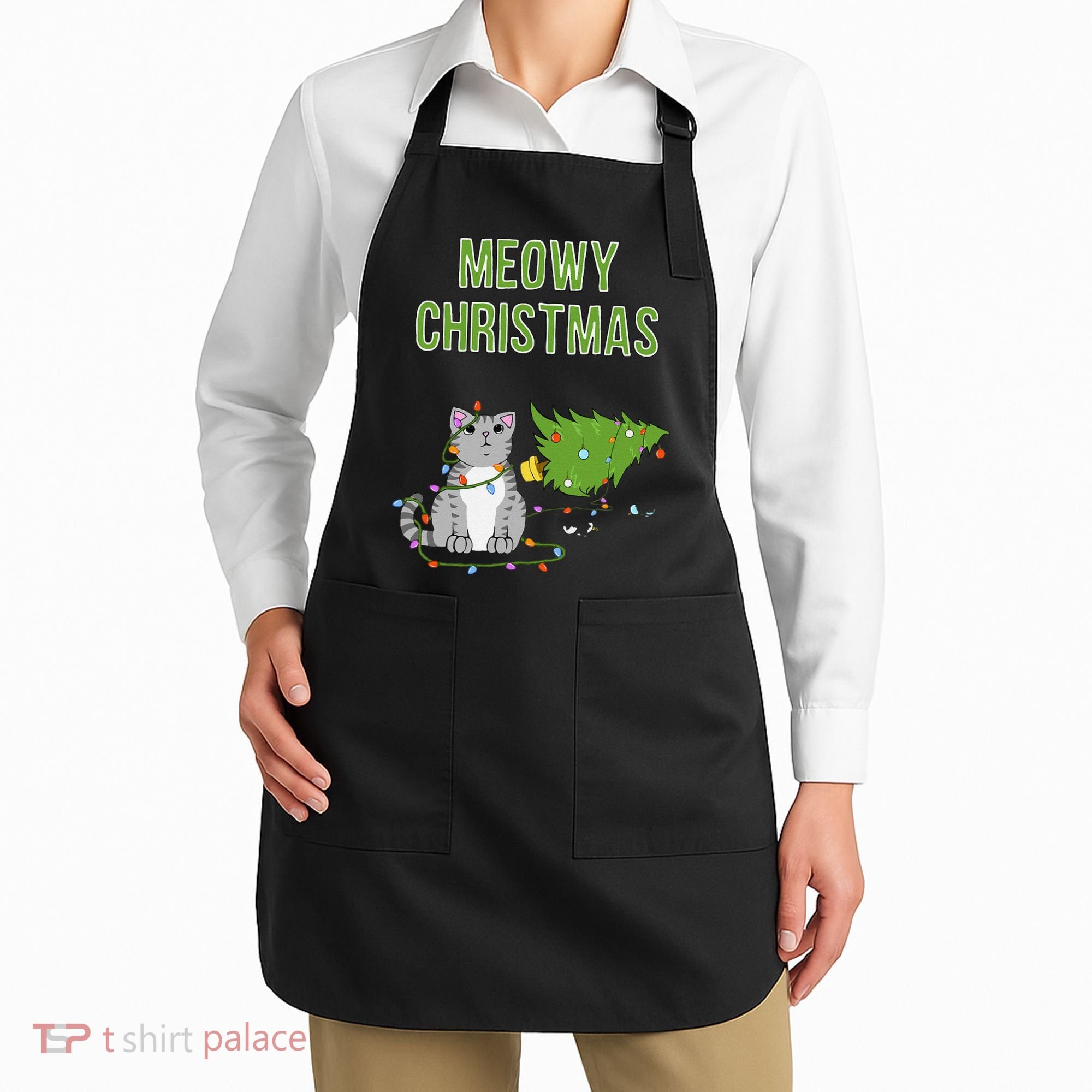 Christmas Tree Knocked Over By Gray Tabby Cat Meowy Xmas Apron