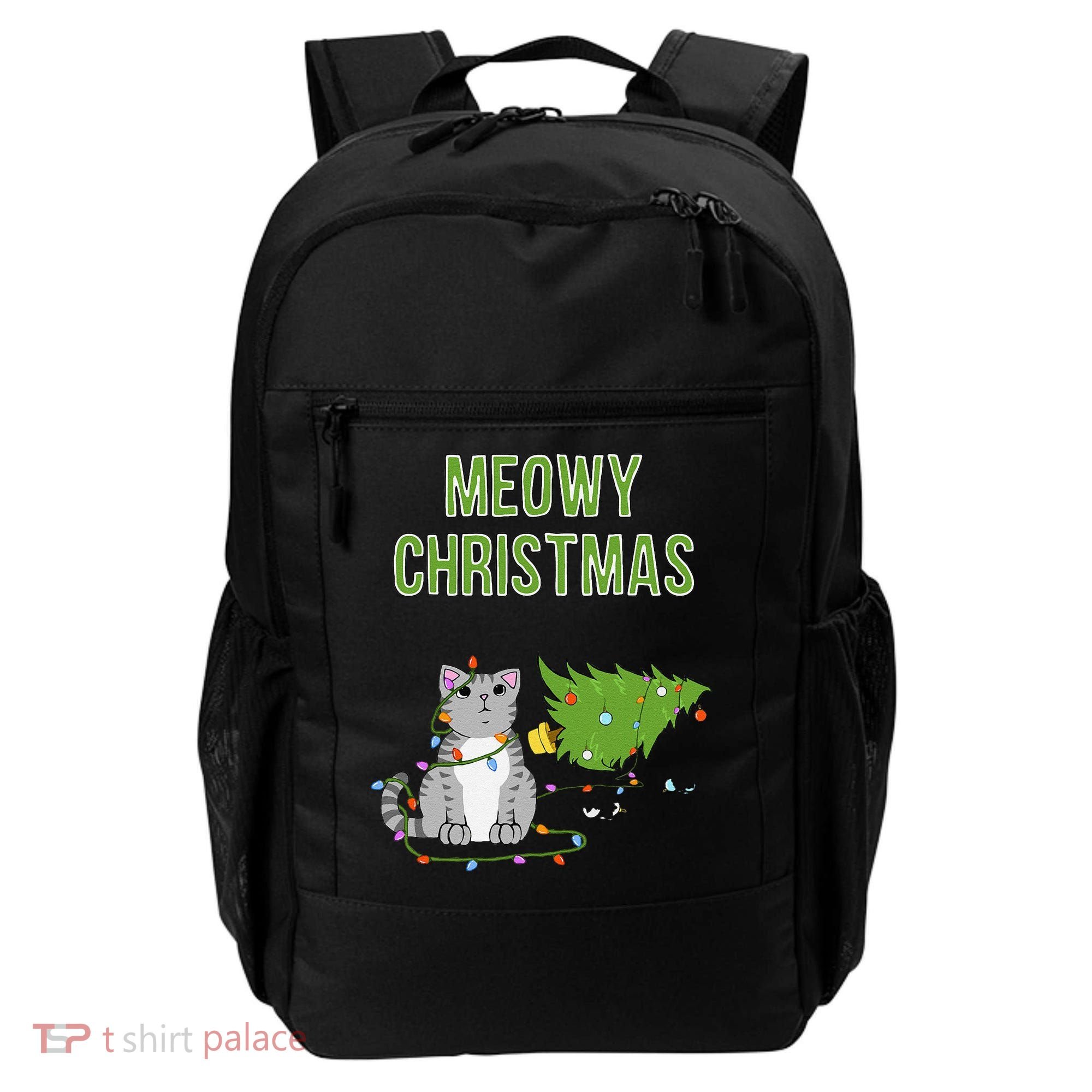Christmas Tree Knocked Over By Gray Tabby Cat Meowy Xmas Backpack