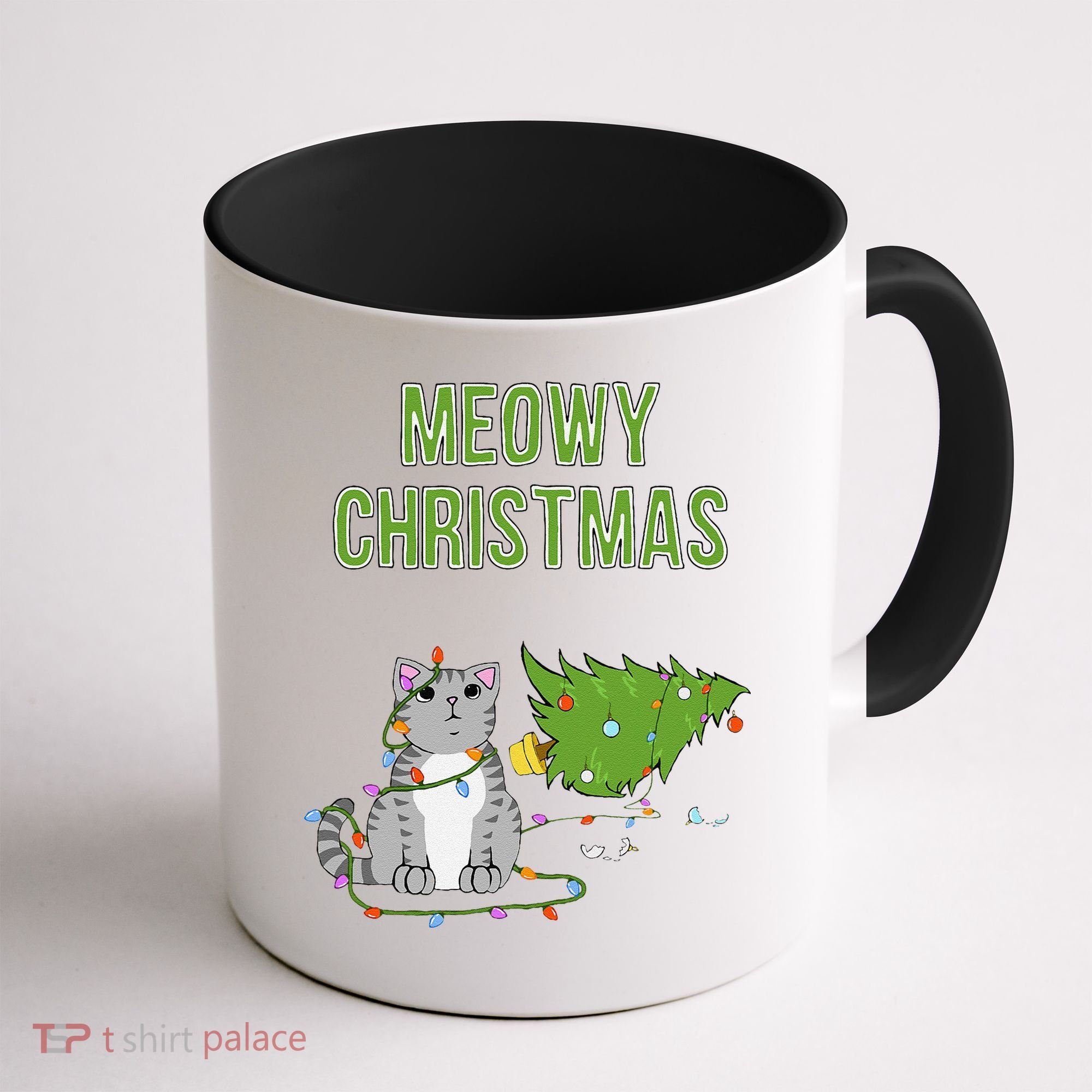 Christmas Tree Knocked Over By Gray Tabby Cat Meowy Xmas Coffee Mug