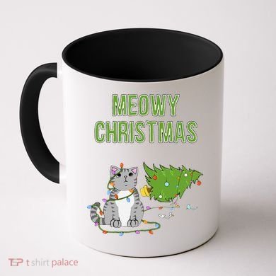 Christmas Tree Knocked Over By Gray Tabby Cat Meowy Xmas Coffee Mug