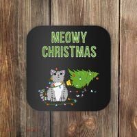 Christmas Tree Knocked Over By Gray Tabby Cat Meowy Xmas Coaster thumb 0