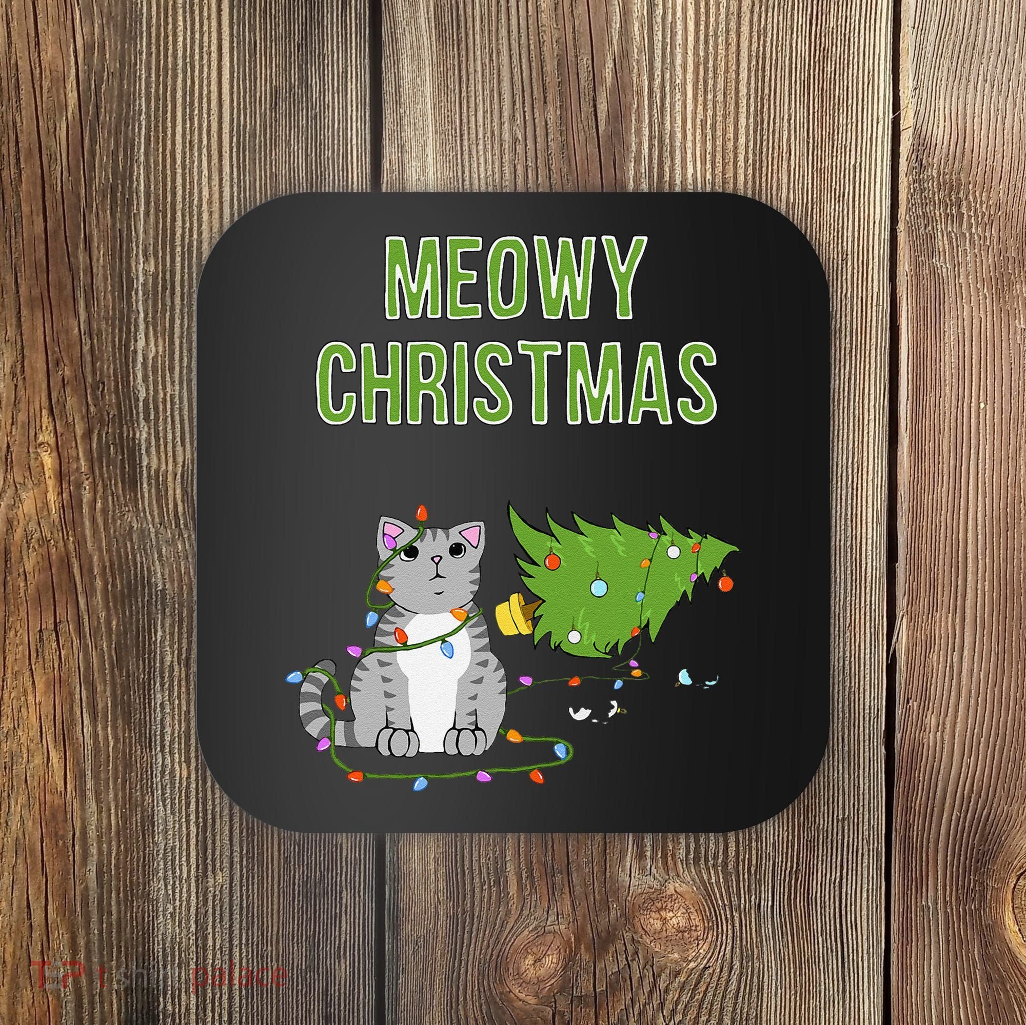 Christmas Tree Knocked Over By Gray Tabby Cat Meowy Xmas Coaster