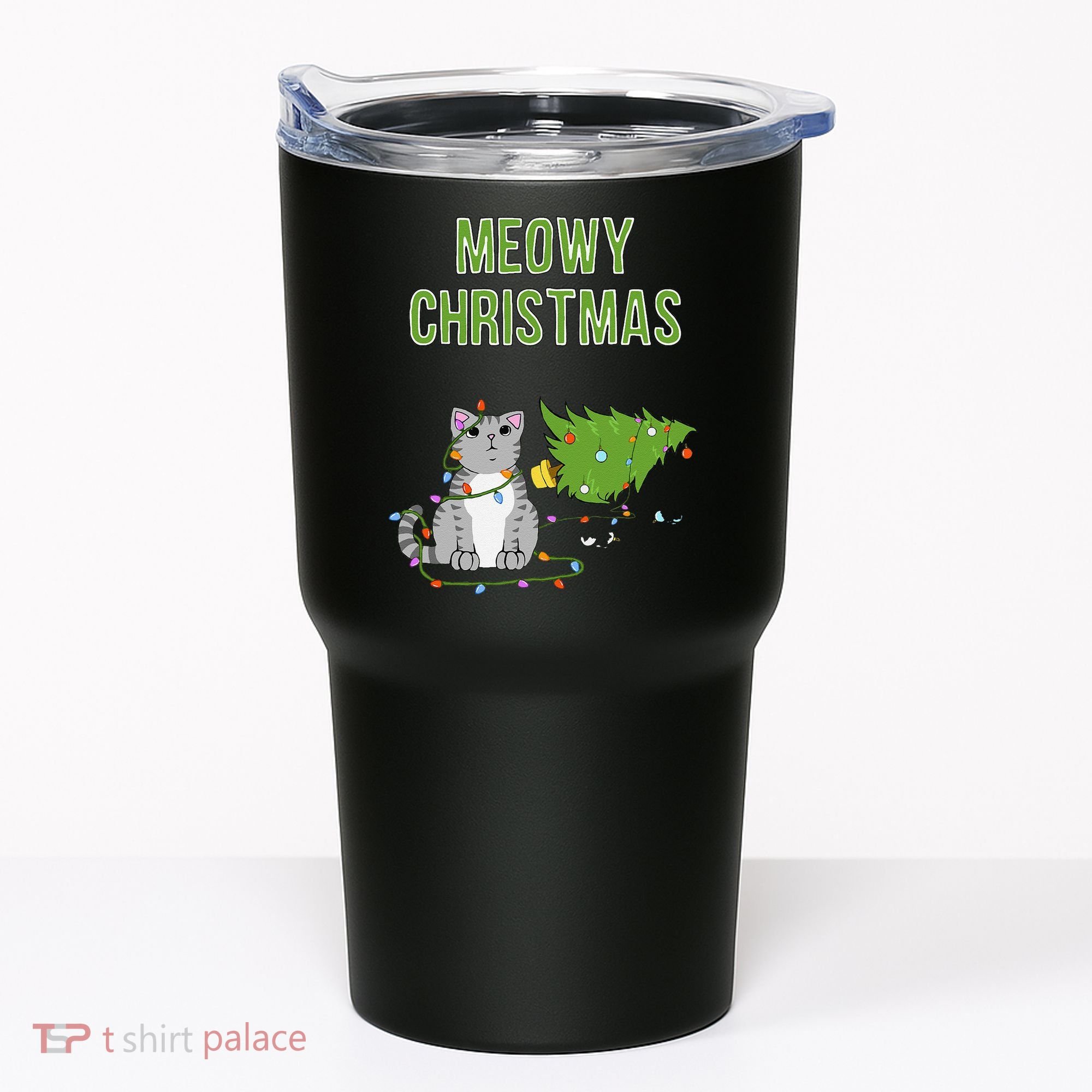 Christmas Tree Knocked Over By Gray Tabby Cat Meowy Xmas Tumbler
