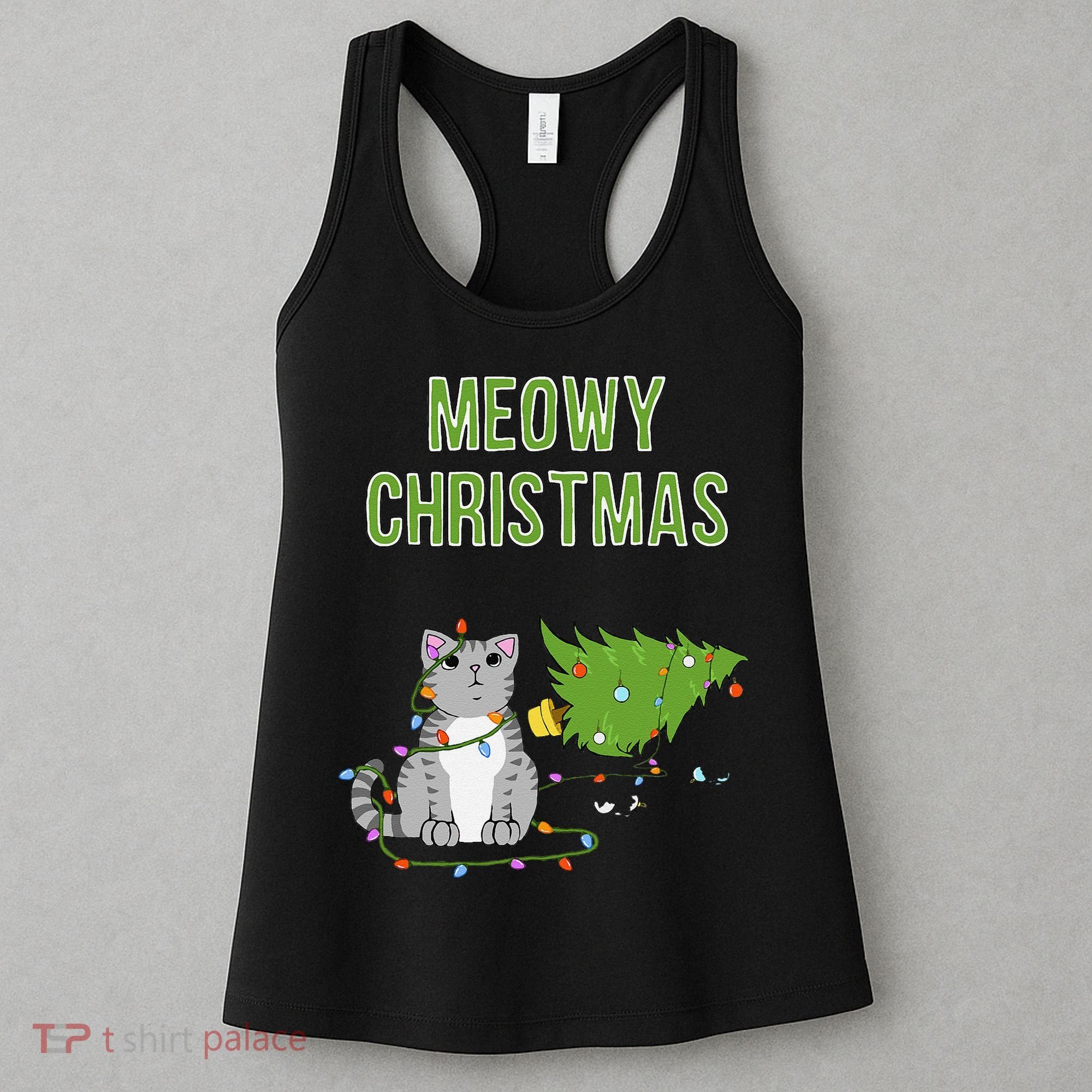 Christmas Tree Knocked Over By Gray Tabby Cat Meowy Xmas Women's Tank Top