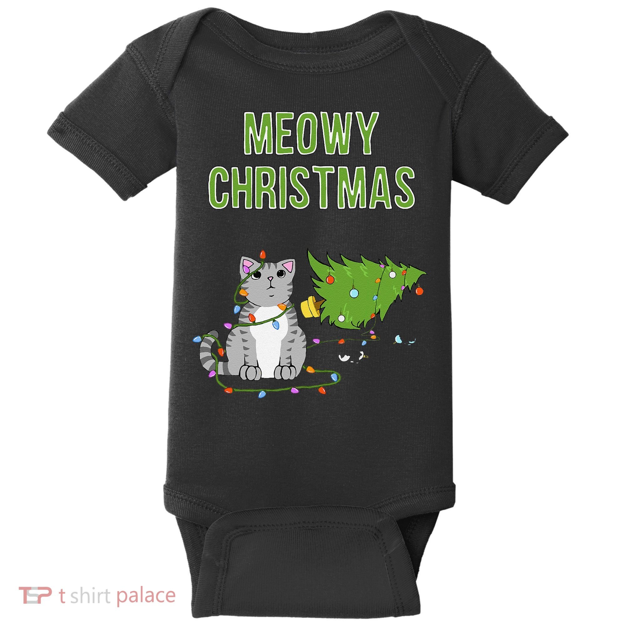 Christmas Tree Knocked Over By Gray Tabby Cat Meowy Xmas Baby Bodysuit