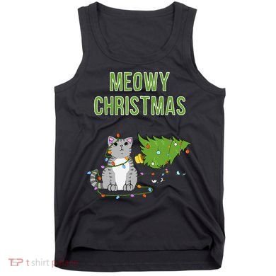 Christmas Tree Knocked Over By Gray Tabby Cat Meowy Xmas Tank Top