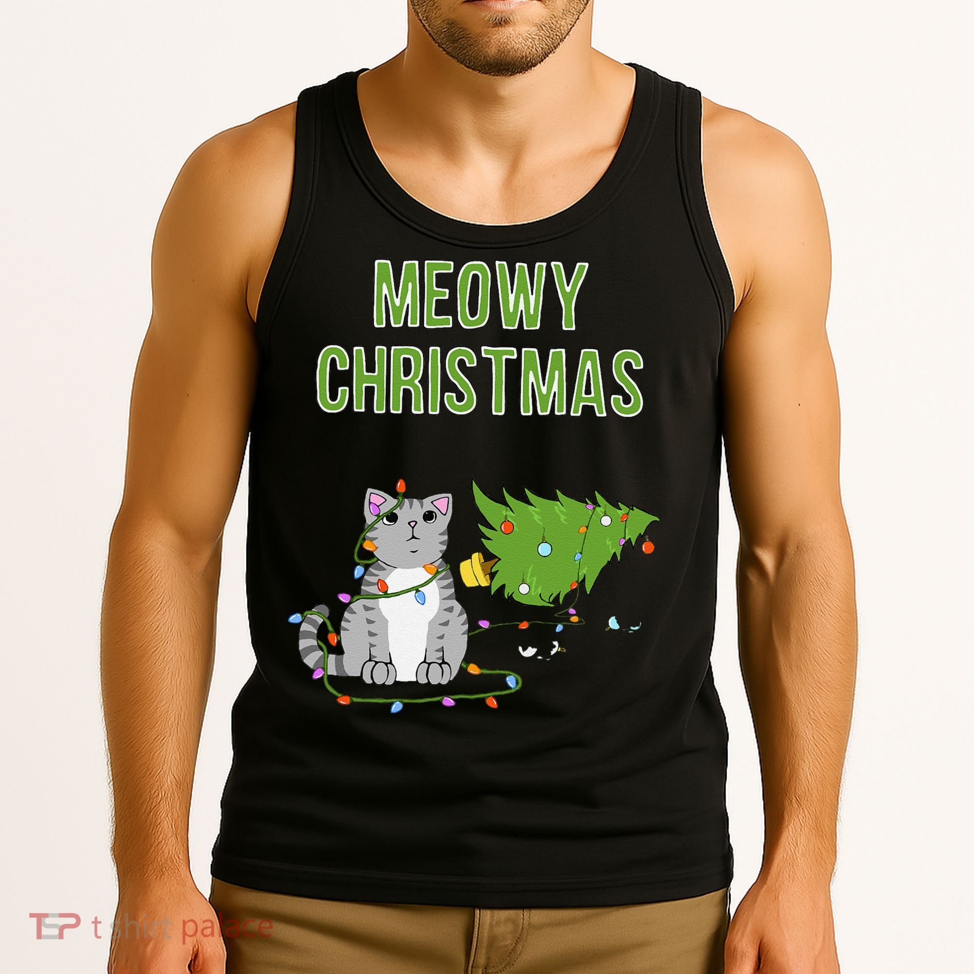 Christmas Tree Knocked Over By Gray Tabby Cat Meowy Xmas Tank Top