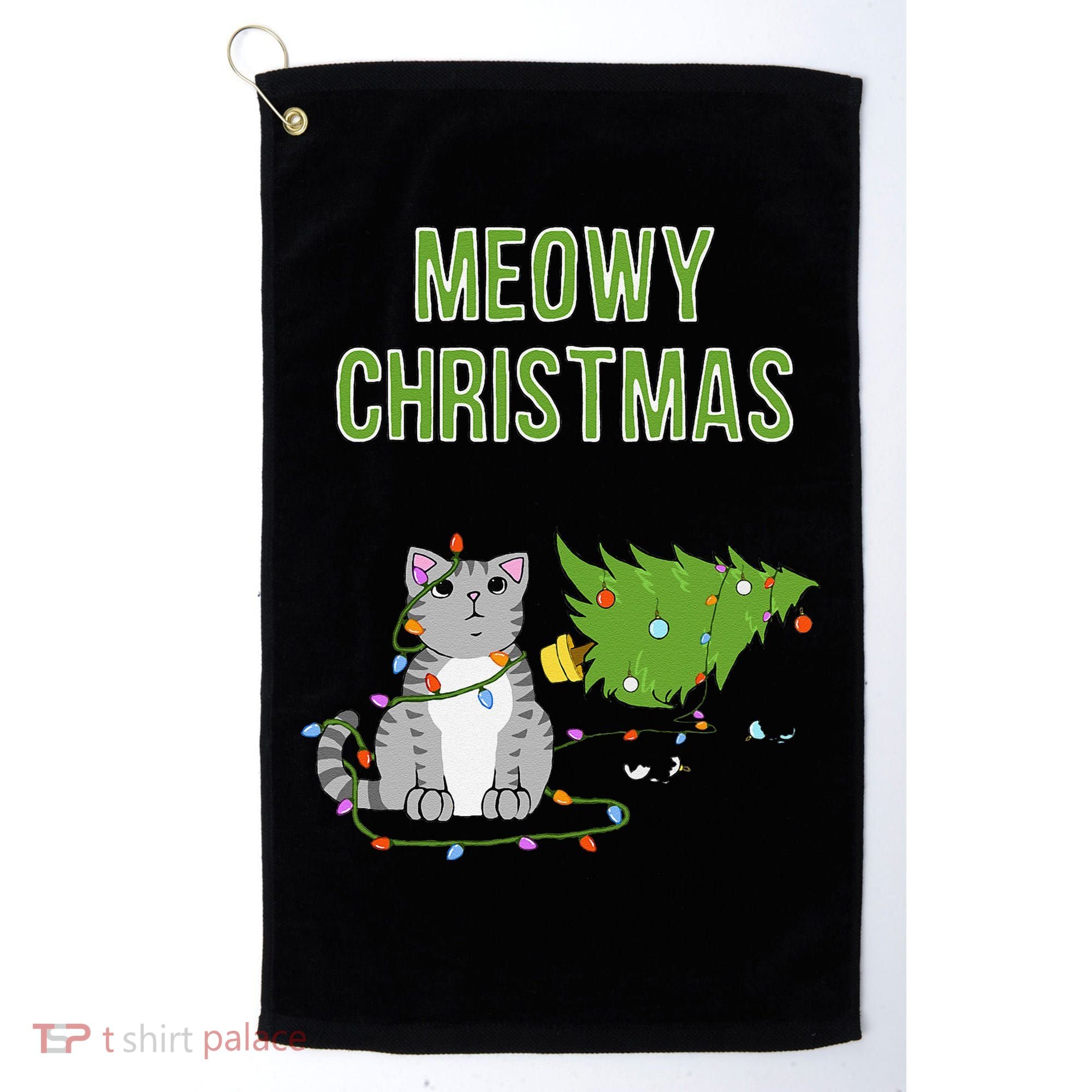 Christmas Tree Knocked Over By Gray Tabby Cat Meowy Xmas Golf Towel