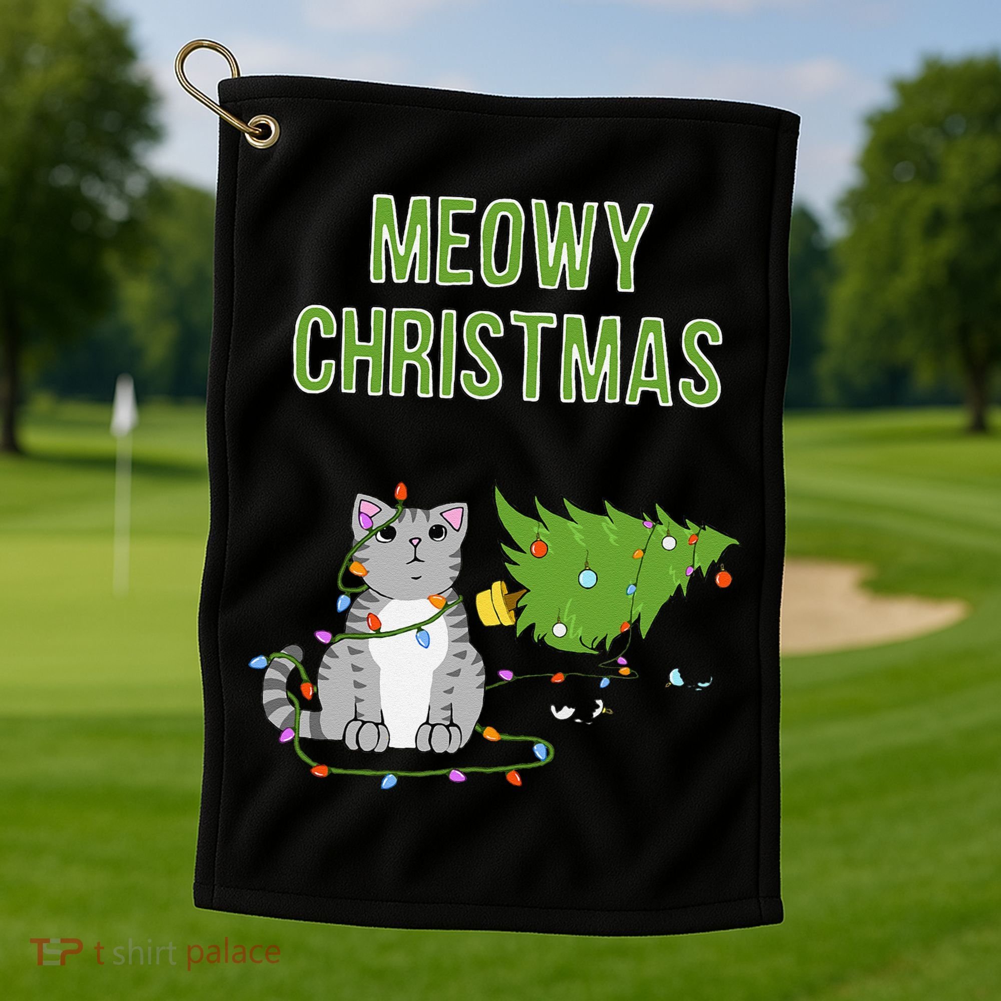 Christmas Tree Knocked Over By Gray Tabby Cat Meowy Xmas Golf Towel