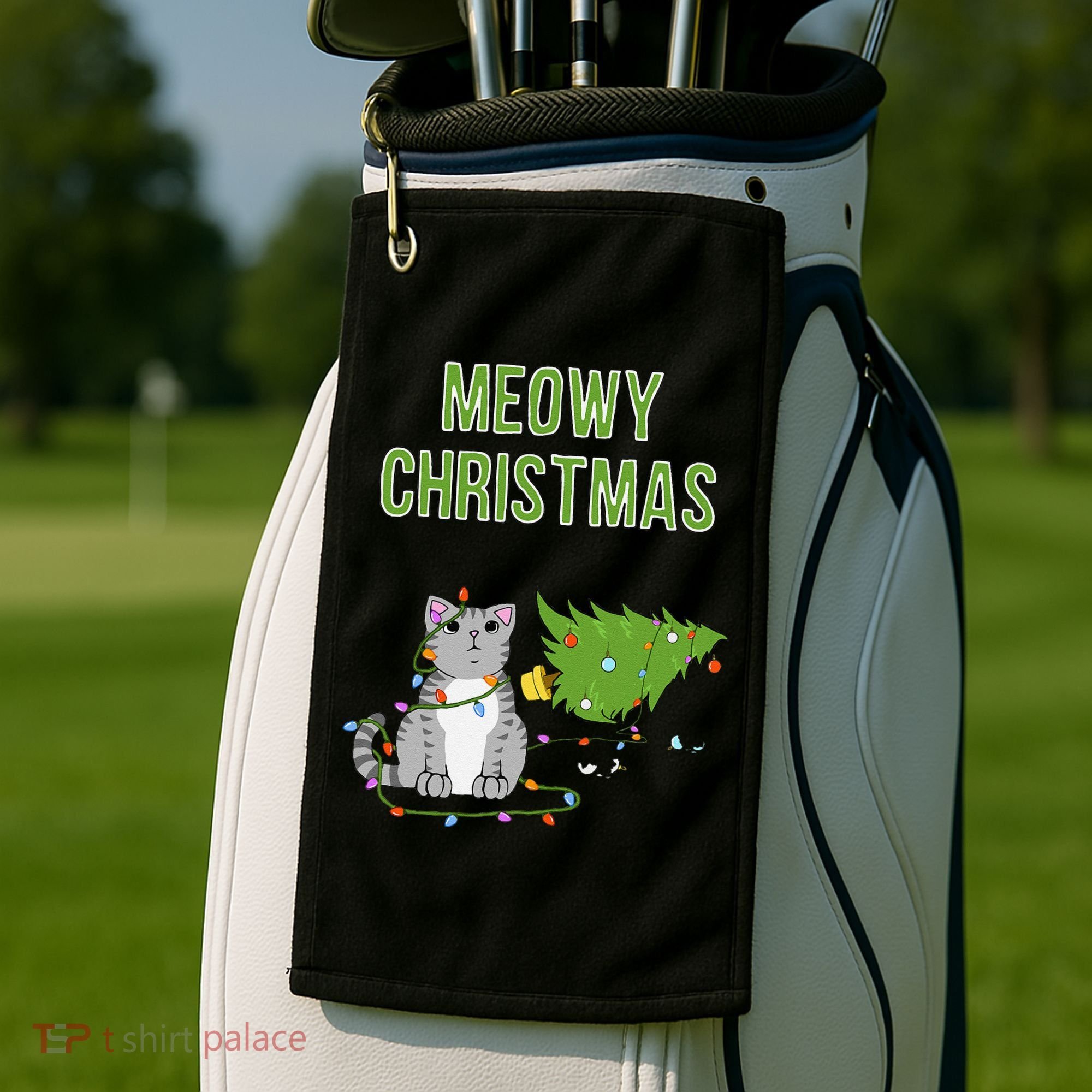 Christmas Tree Knocked Over By Gray Tabby Cat Meowy Xmas Golf Towel