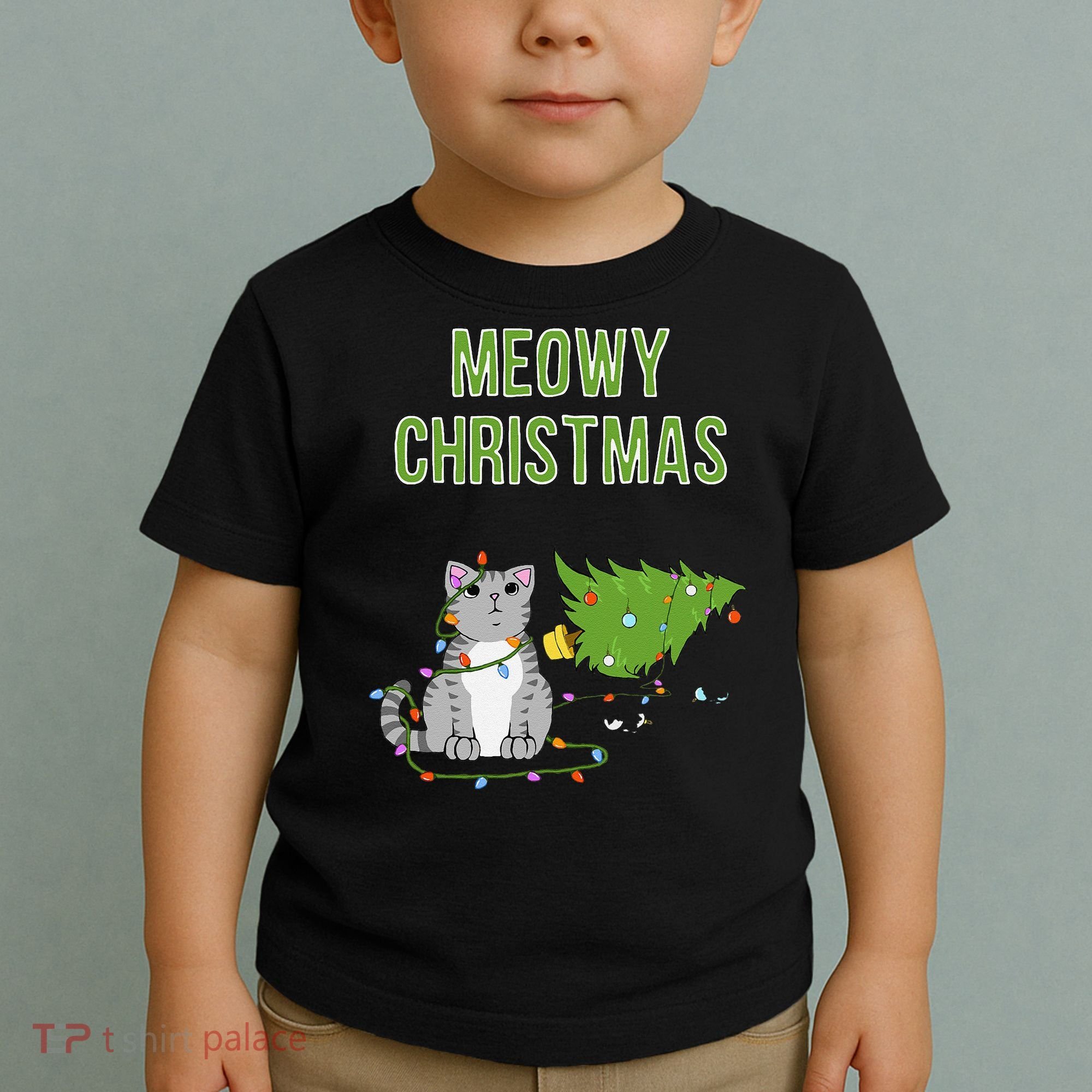 Christmas Tree Knocked Over By Gray Tabby Cat Meowy Xmas Toddler T-Shirt