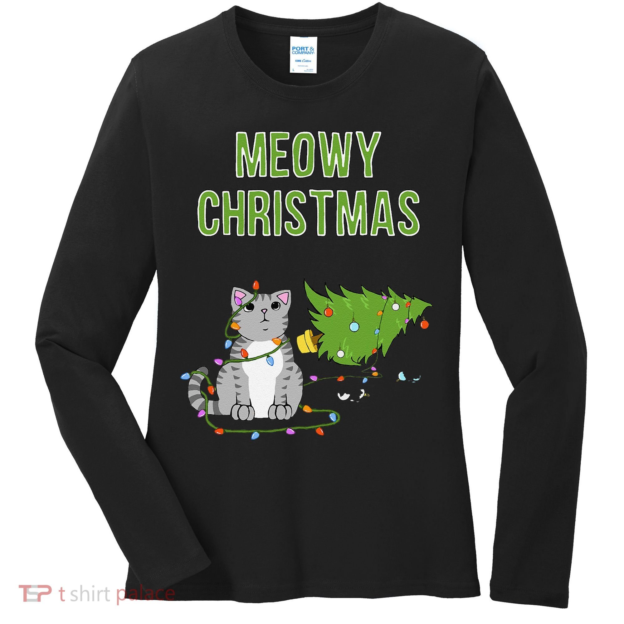 Christmas Tree Knocked Over By Gray Tabby Cat Meowy Xmas Women's Long Sleeve Shirt