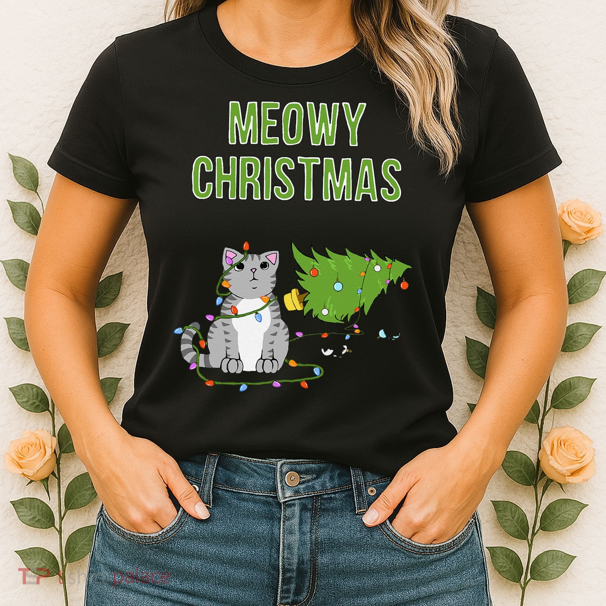 Christmas Tree Knocked Over By Gray Tabby Cat Meowy Xmas Women's T-Shirt