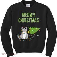 Christmas Tree Knocked Over By Gray Tabby Cat Meowy Xmas Kids Sweatshirt thumb 0
