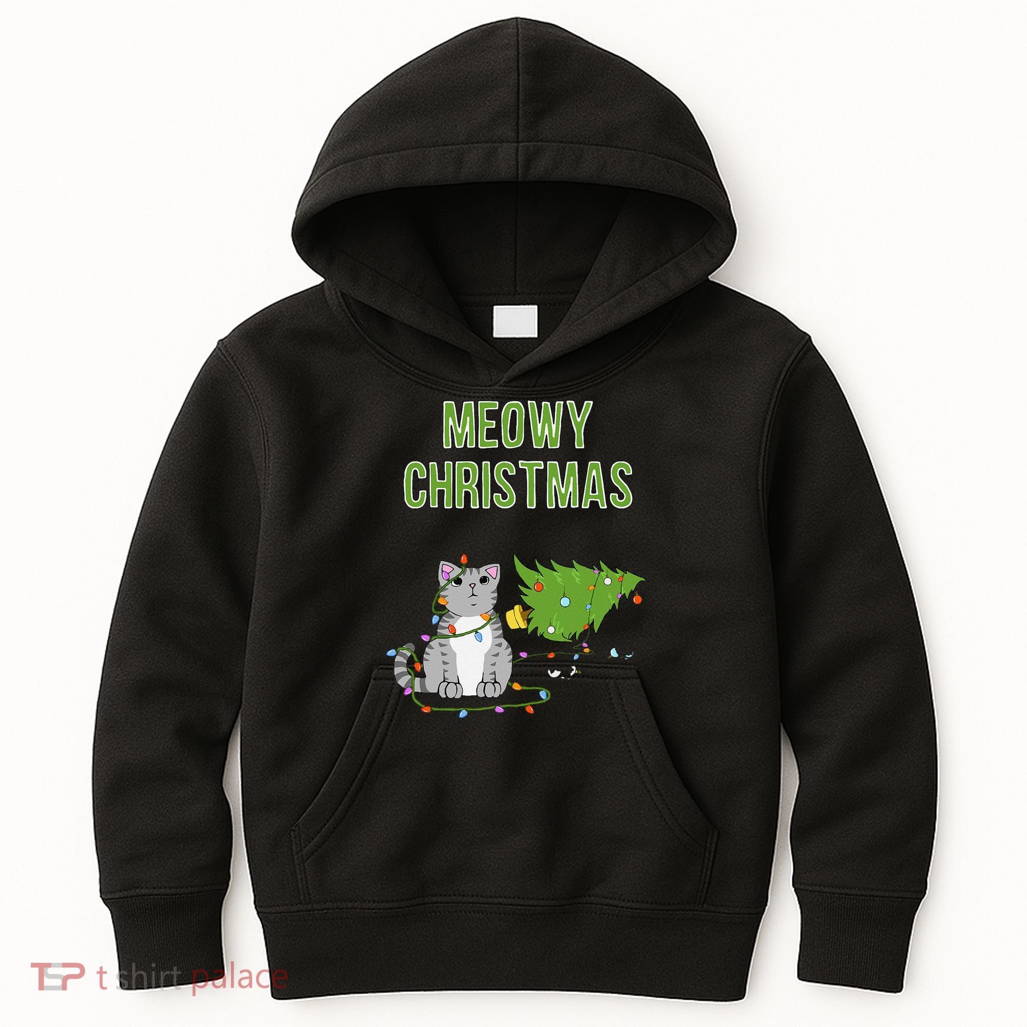 Christmas Tree Knocked Over By Gray Tabby Cat Meowy Xmas Kids Hoodie