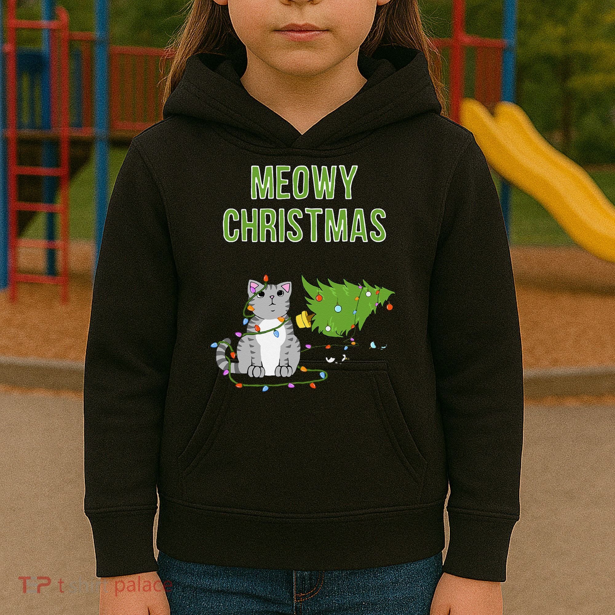Christmas Tree Knocked Over By Gray Tabby Cat Meowy Xmas Kids Hoodie