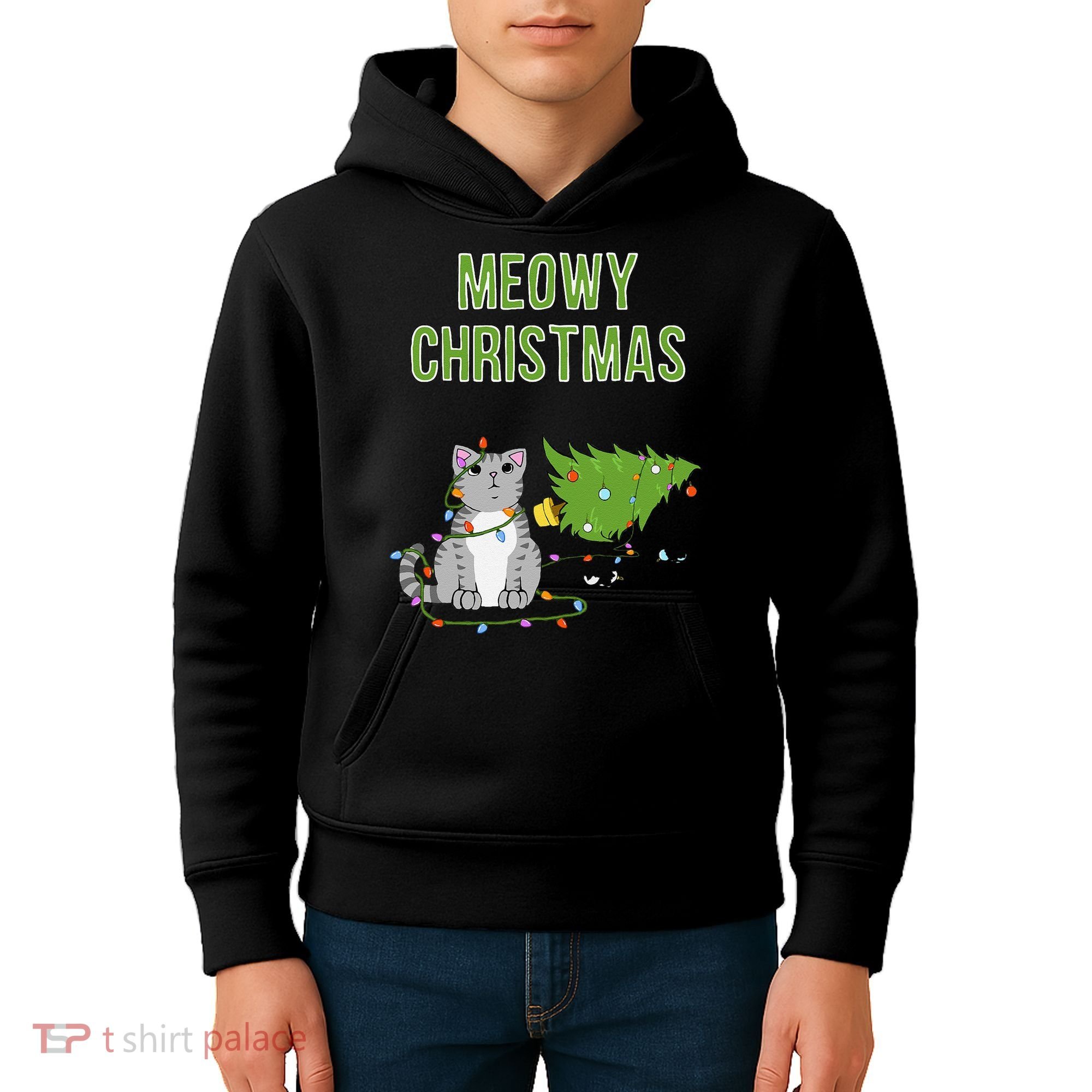 Christmas Tree Knocked Over By Gray Tabby Cat Meowy Xmas Kids Hoodie