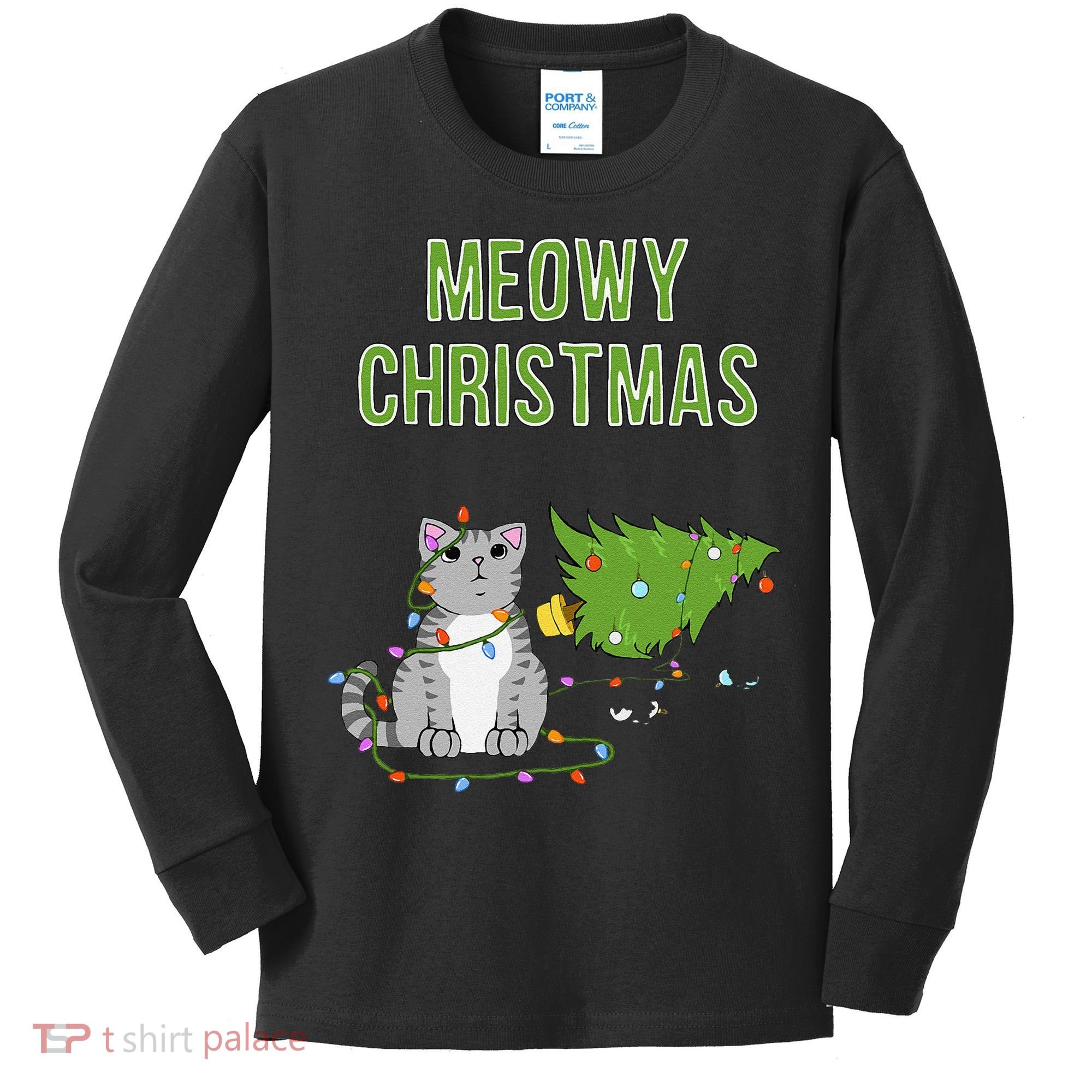 Christmas Tree Knocked Over By Gray Tabby Cat Meowy Xmas Kids Long Sleeve Shirt